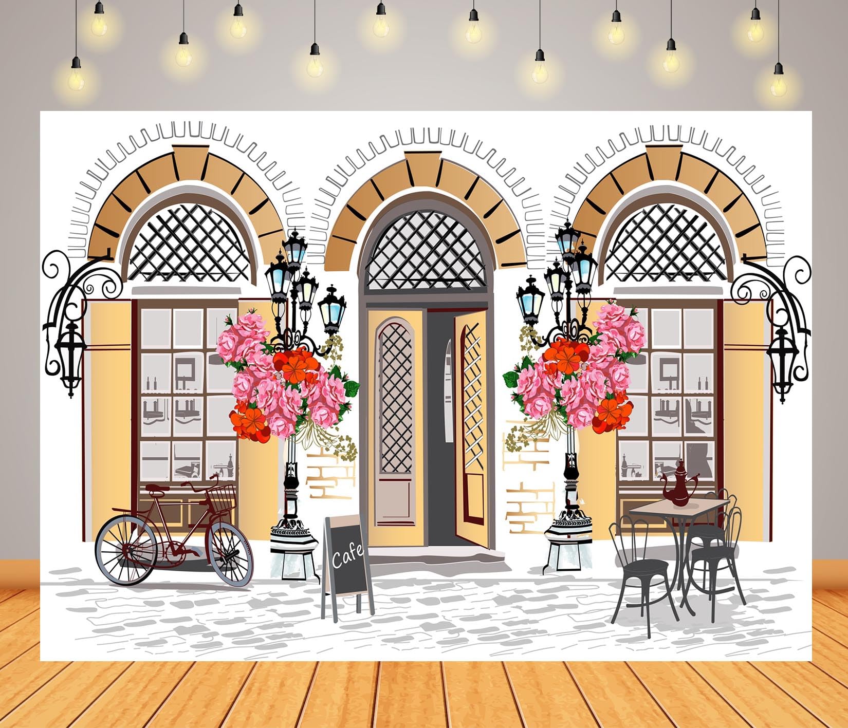 Fond Tissu 3x2.5m café de Rue français rétro. Boutique de café Ancien. Arrière-Plan pour fête thé, Anniversaire et Table de gâteaux.