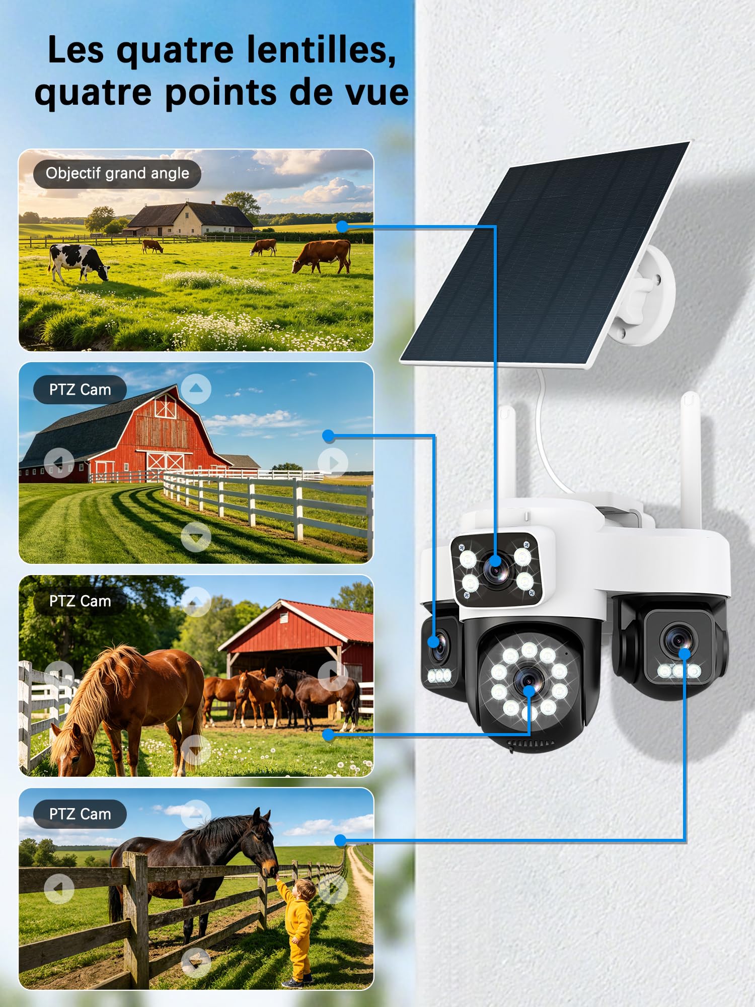 4G Camera Surveillance Exterieure sans Fil,AOV 24/7,Quatre objectifs/Camera Solaire/Batterie,4K caméras de Surveillance avec Carte SIM,Vision Vocturne,Alarme,Audio Bidirectionnel,Suivi Automatique