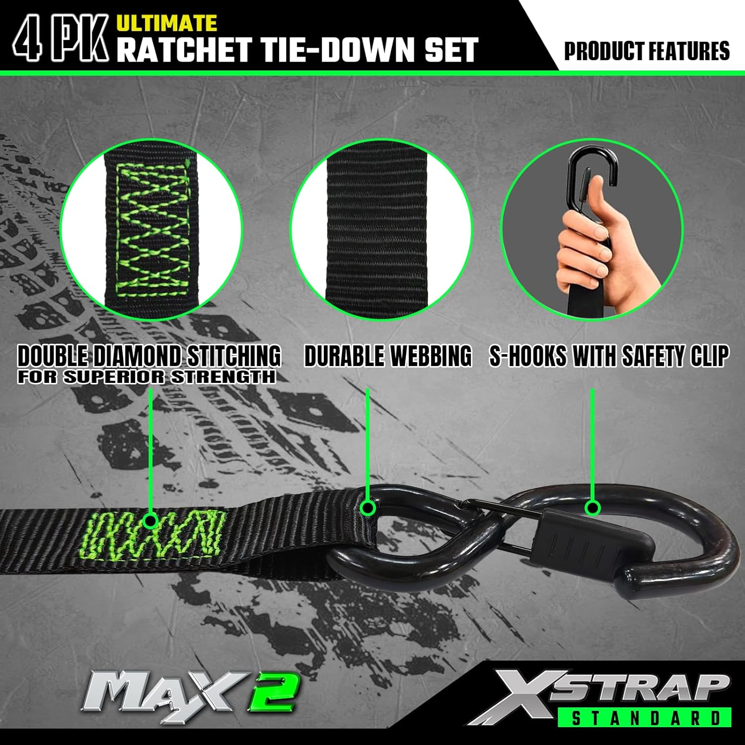 XSTRAP STANDARD 4PK Motorcycle Tie Down Straps - 1" x 15ft, 2,200lb Break Strength, Soft Loop Straps with Safety Lock S Hooks, Black Loops & Stickers, for Moving, Trucks, Cargo, Lawn Equipment, Black