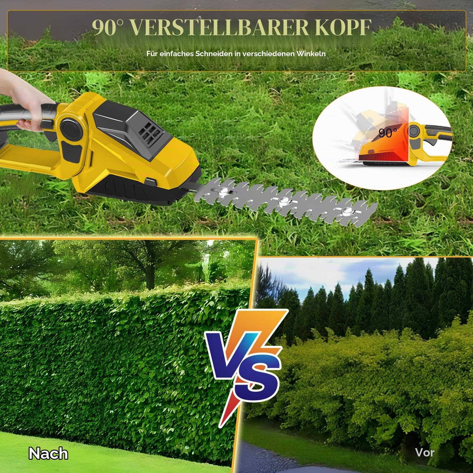 150 W Akku Heckenschere & Grasschere für Dewalt 20V Akku (ohne Batterie) | 90° Verstellbare, Elektrische Strauchschere, mit 2 Aufsatzklingen, zum Schneiden von Strauch und Gras