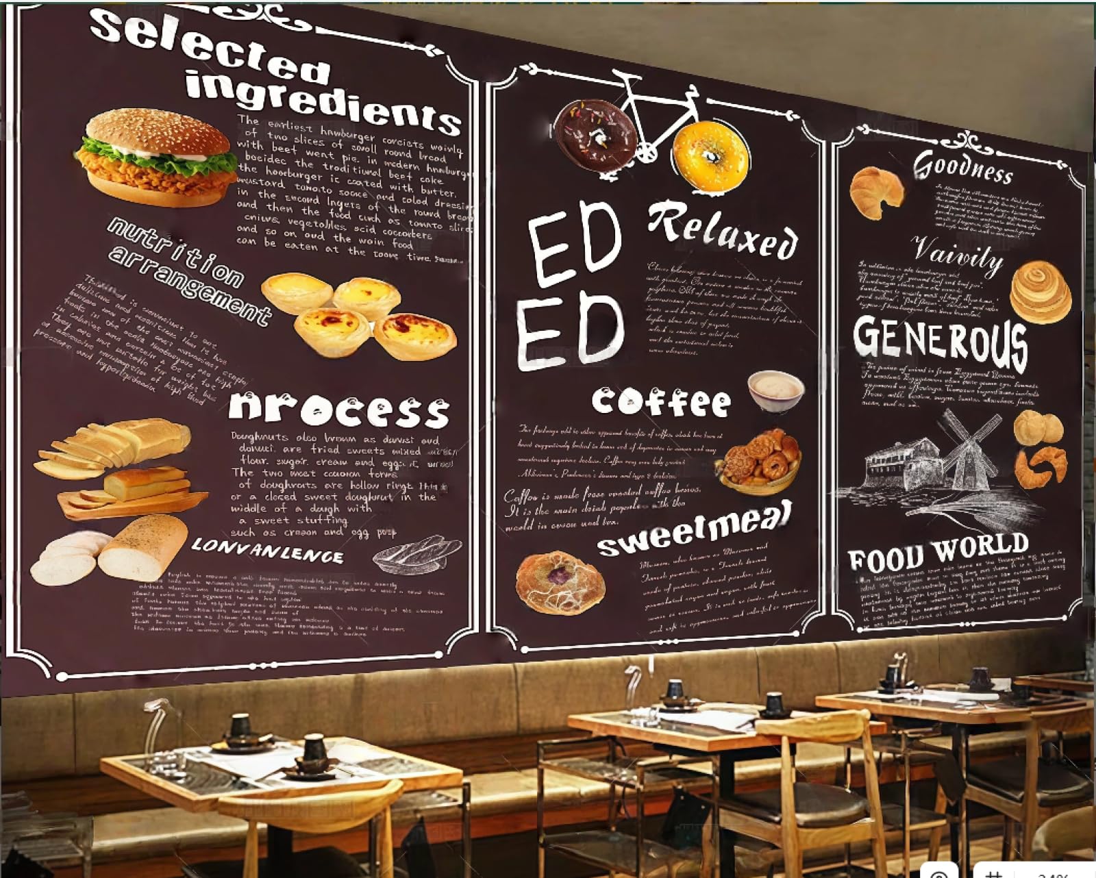 XDOUBAO Wallpaper Retro Hand-Painted Blackboard Letters Burger Dessert Shop Bakery Coffee Shop Background Mural Western Restaurant Wallpaper,3D,200x140cm