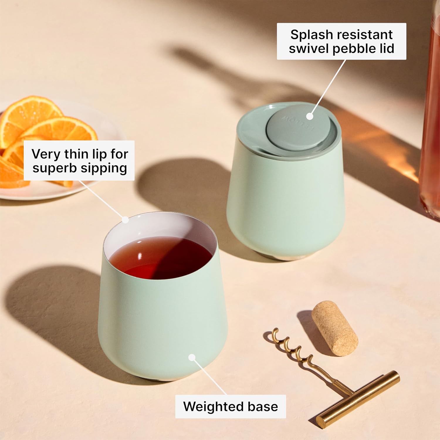 Fellow Ruby Wine Tumbler Set of 2 - ​​Insulated Stainless Steel Wine and Cocktail Tumblers with Ceramic Interior and Swivel Pebble Lid - 12 oz, Mint Chip - Image 3