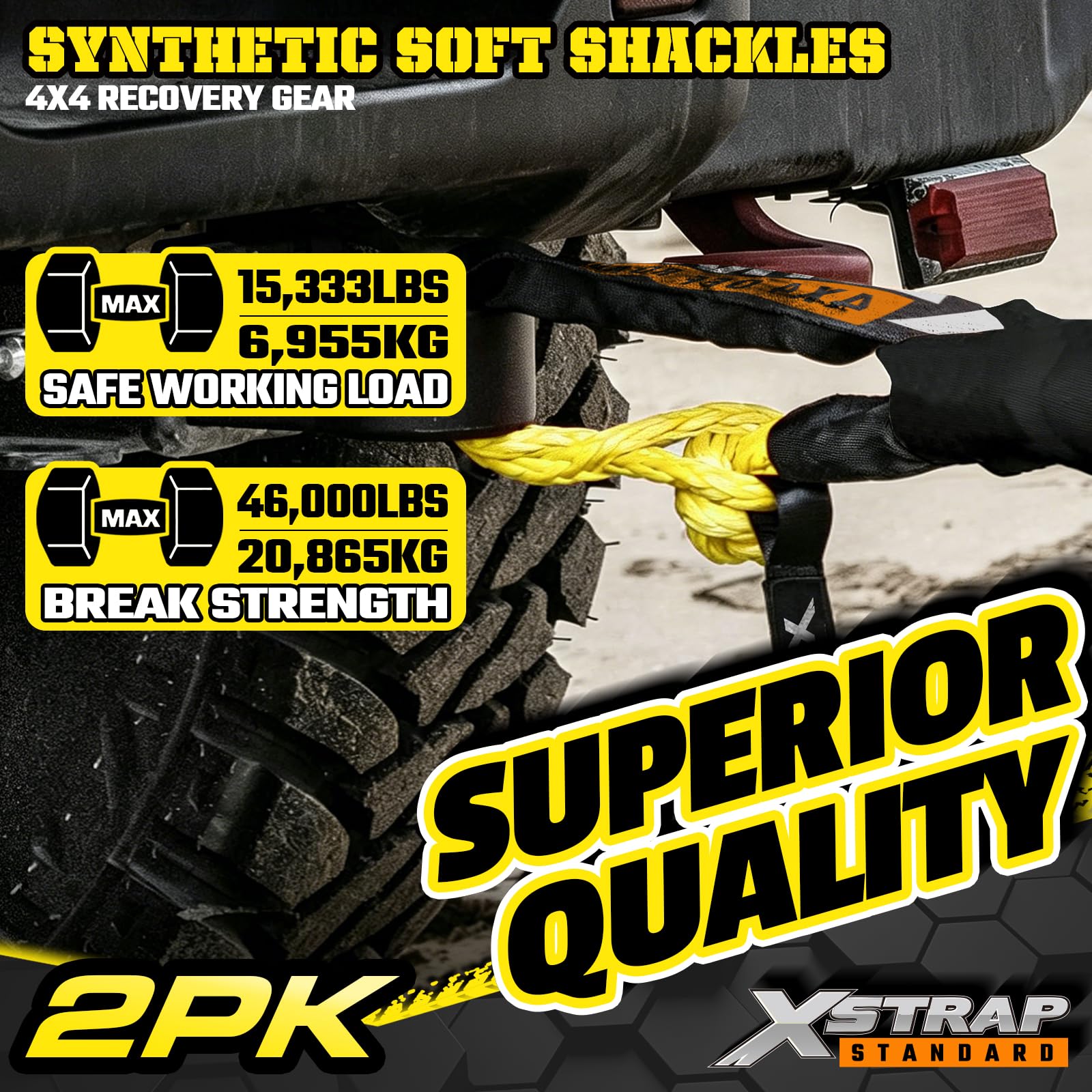 XSTRAP STANDARD Grillo sintetico morbido da 1/2 pollici x 22 pollici (25,9 kg resistenza alla rottura) con maniche extra e custodia per vela SUV ATV camion Jeep rimorchio di recupero, confezione da 2