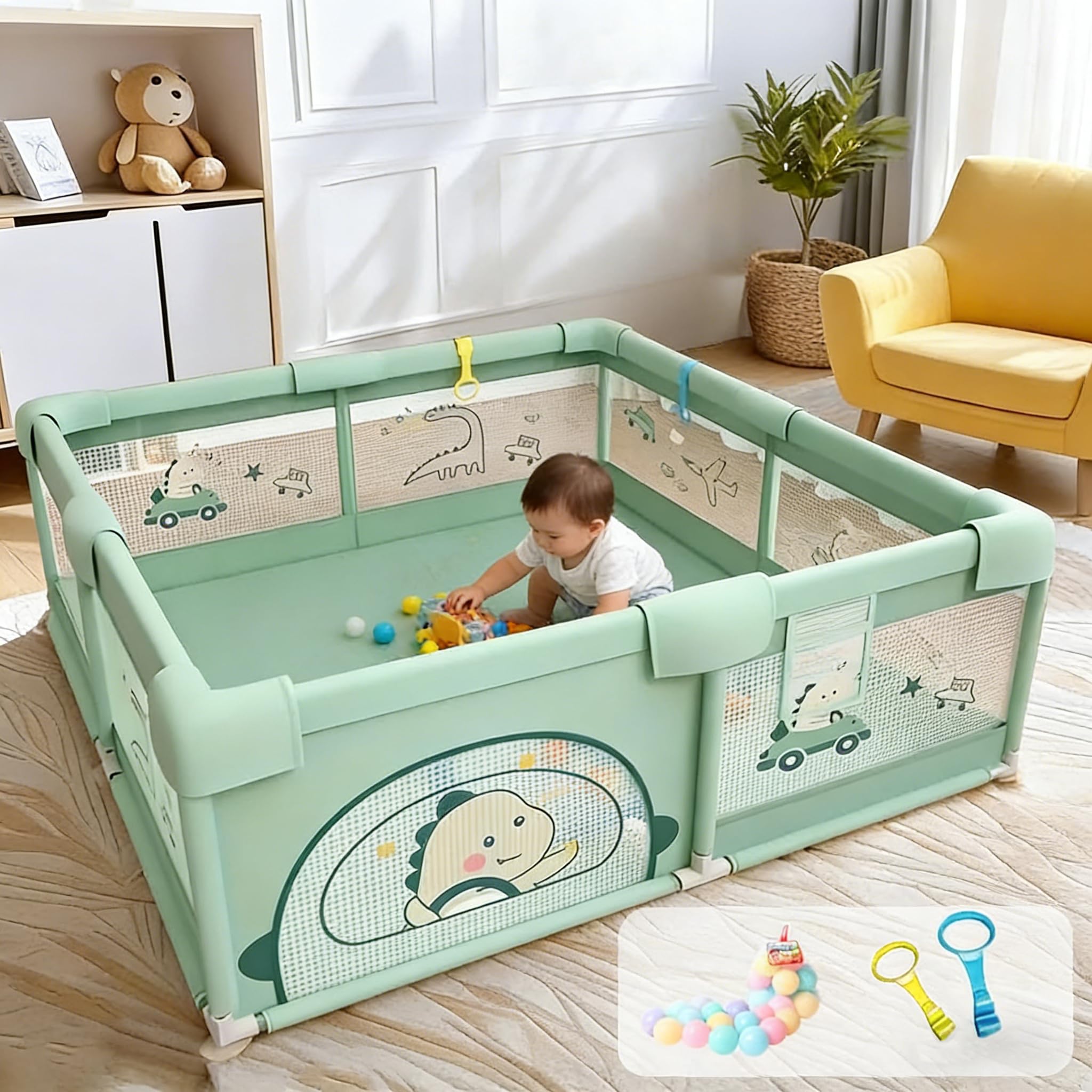Dawnwake Large Playpen 150 x 180 cm For Baby up to 4 Years Playard with Pit Balls and Anti-Fall Grasp Rings, Kids Activity Center with Safety Lock & Suction cups (No Mat/Cushion, Non-Foldable) - Green-image-36