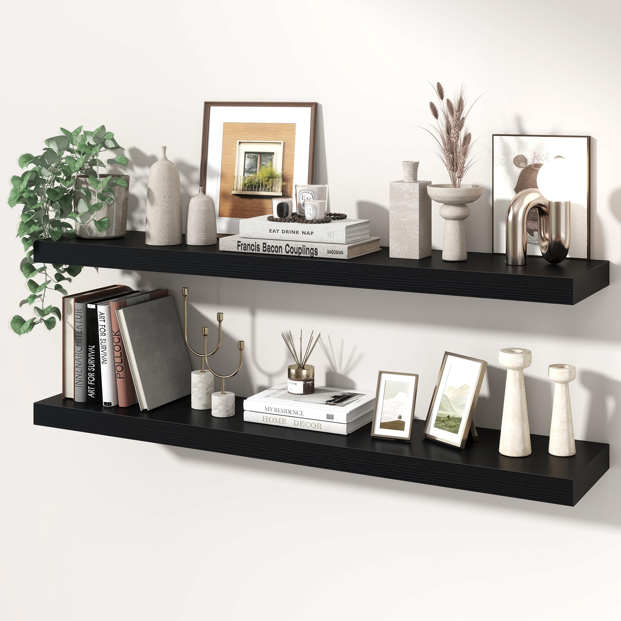 Axeman 100cm Floating Shelves for Wall 2 Pack Shelves for Bedroom|Kitchen|Bathroom Wall Mounted Rustic Wood Floating Shelf with Invisible Brackets for Books|Storage|Decor, Black, 20cm Deep