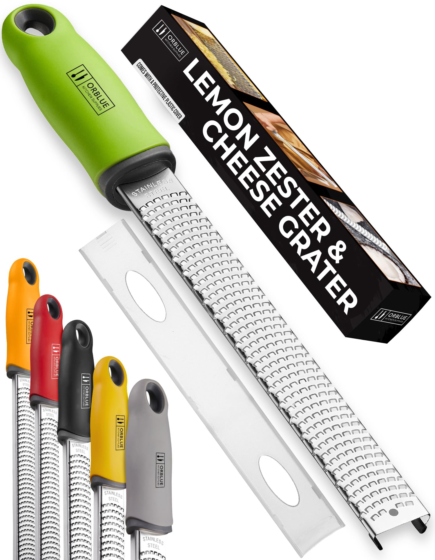 Orblue Lemon Zester &amp; Cheese Grater - Premium Citrus Zester, Kitchen Grater for Parmesan, Chocolate, Fruits, Vegetables, Ginger, Garlic, Nutmeg - Stainless Steel Blades with Protective Cover, Green