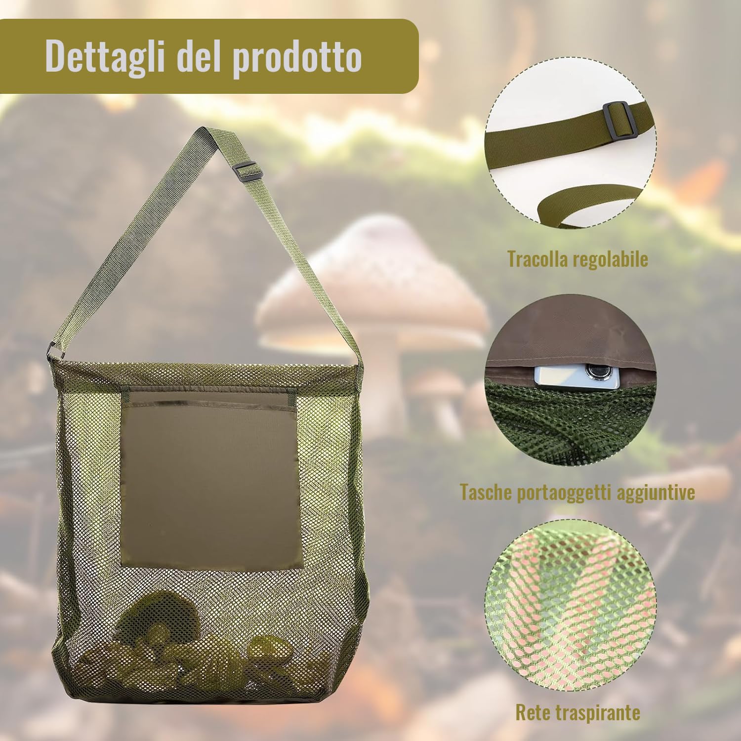 Borsa Funghi Rete, Borsa per La Caccia Ai Funghi, Accessori per Raccolta Funghi, Regolabile Traspirante Camping Outdoor Frutta e Verdura Raccolta Foraging Bag