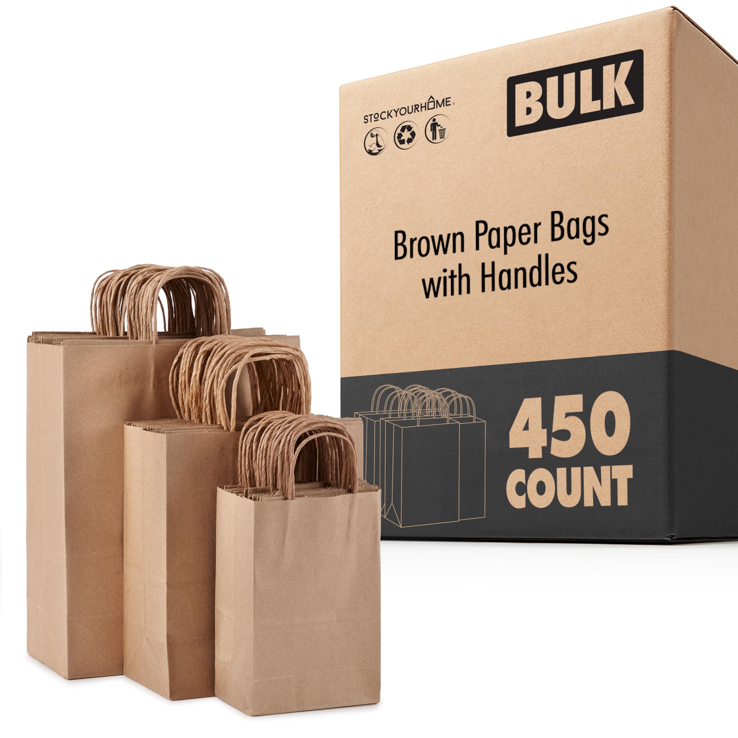 Brown Kraft Paper Bags with Handles Variety Pack (450 Count) by Stock Your Home – 1 Count (Pack of 450), Paper, Brown, Pack of 450, Model Stock Your Home 3640_Case