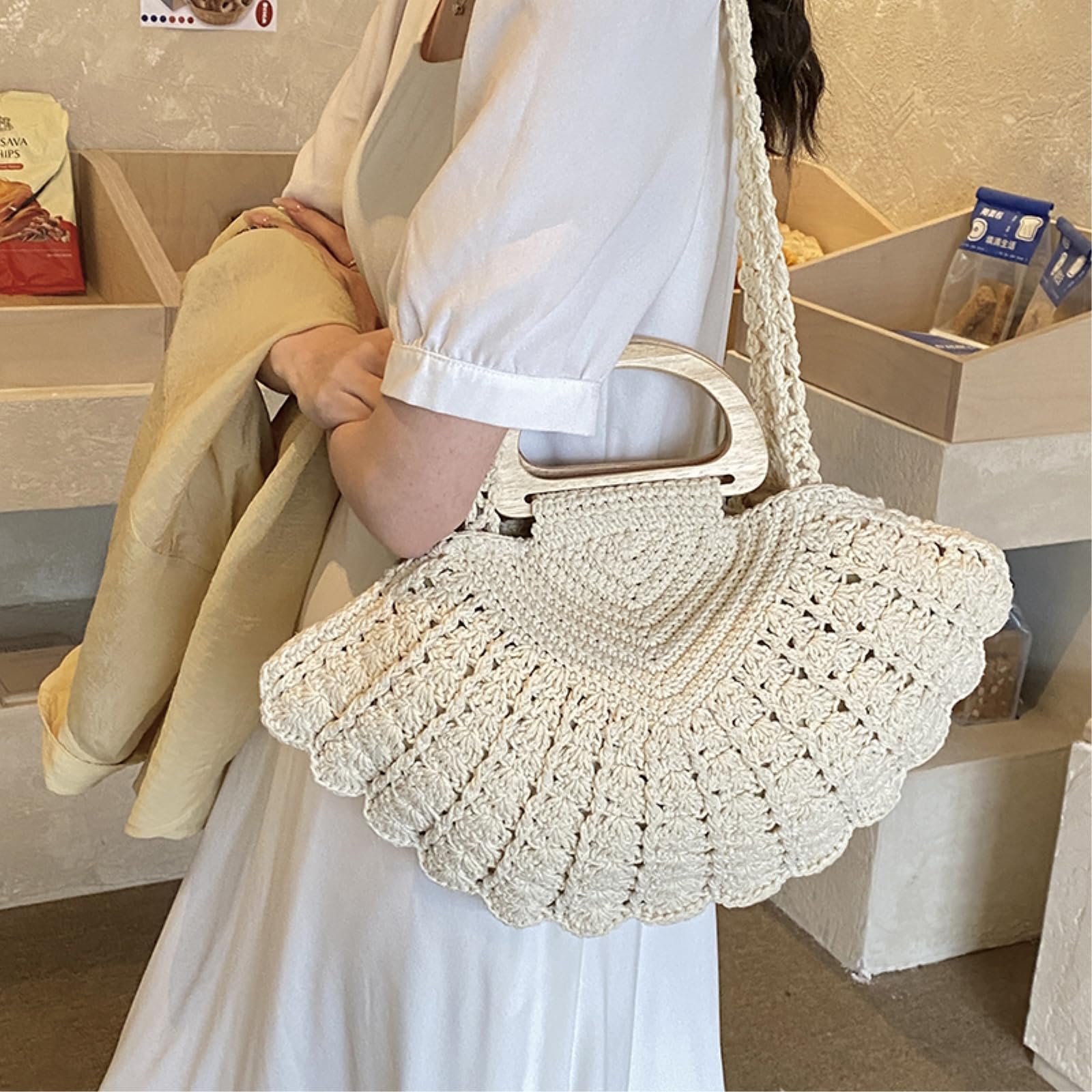 Strohtasche Damen Retro-Stil-Fan-geformte Gehäkelte Unterarmtasche, Vielseitige Schultertasche Mit Holzgriff-Khaki