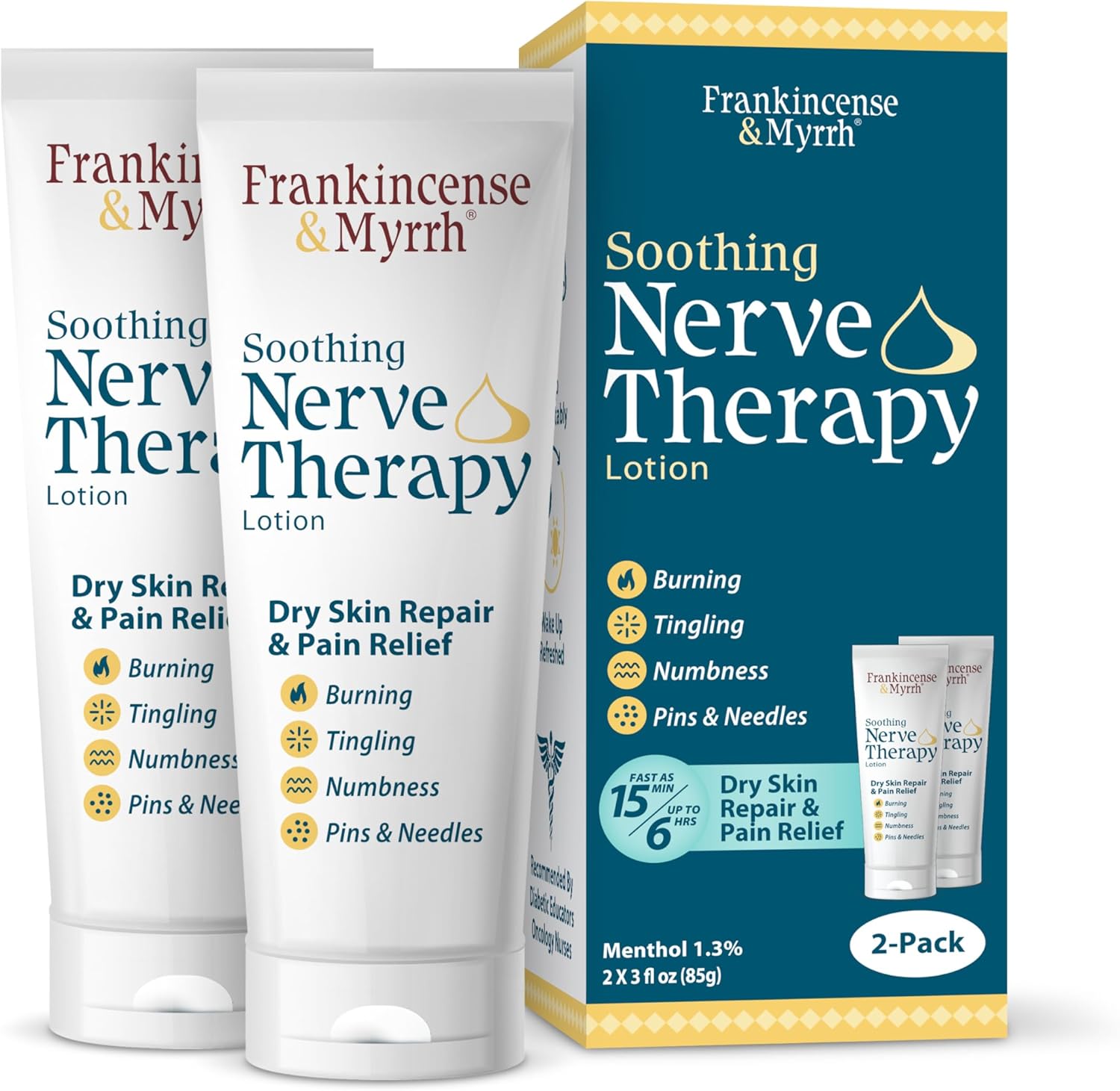 FRANKINCENSE & MYRRH Nerve Therapy Lotion – Fast Relief for Burning, Tingling, Numbness & Pins and Needles in Hands & Feet – Neuropathy Cream with Menthol + 9 Oils – 3 oz (2 Pack)