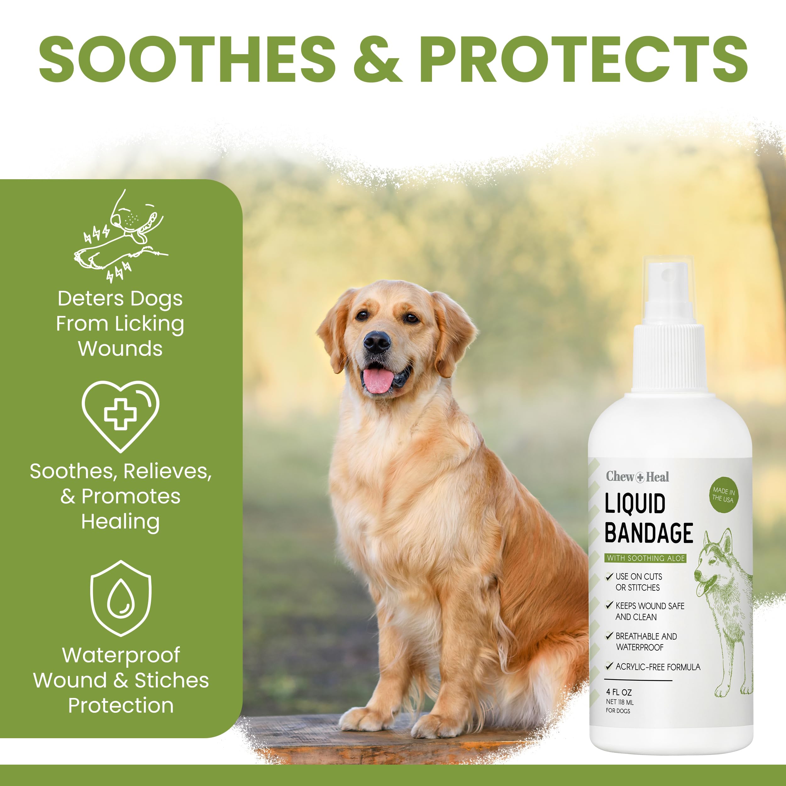 Chew + Heal Labs Liquid Bandage for Dogs 4oz Waterproof Spray Wound Care with Aloe for Cuts, Scrapes, Stitches, Paw Injuries - Breathable, Safe if Licked - image 3