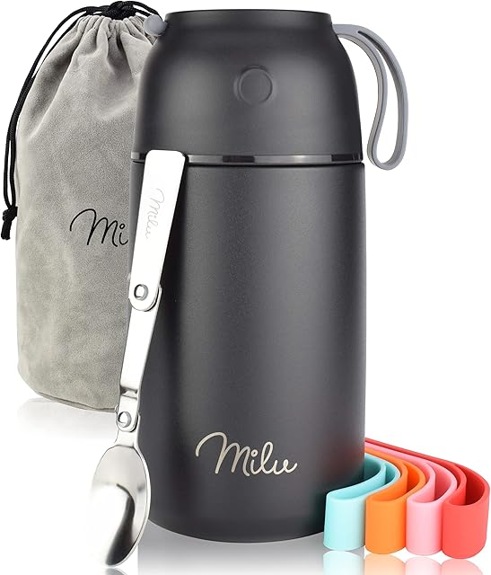 Milu® Thermo Food Flask - 450, 650, 800ml - Stainless Steel Insulated Container - Lunchbox - Jar with Spoon for hot and Cold Food (Black, 800ml)