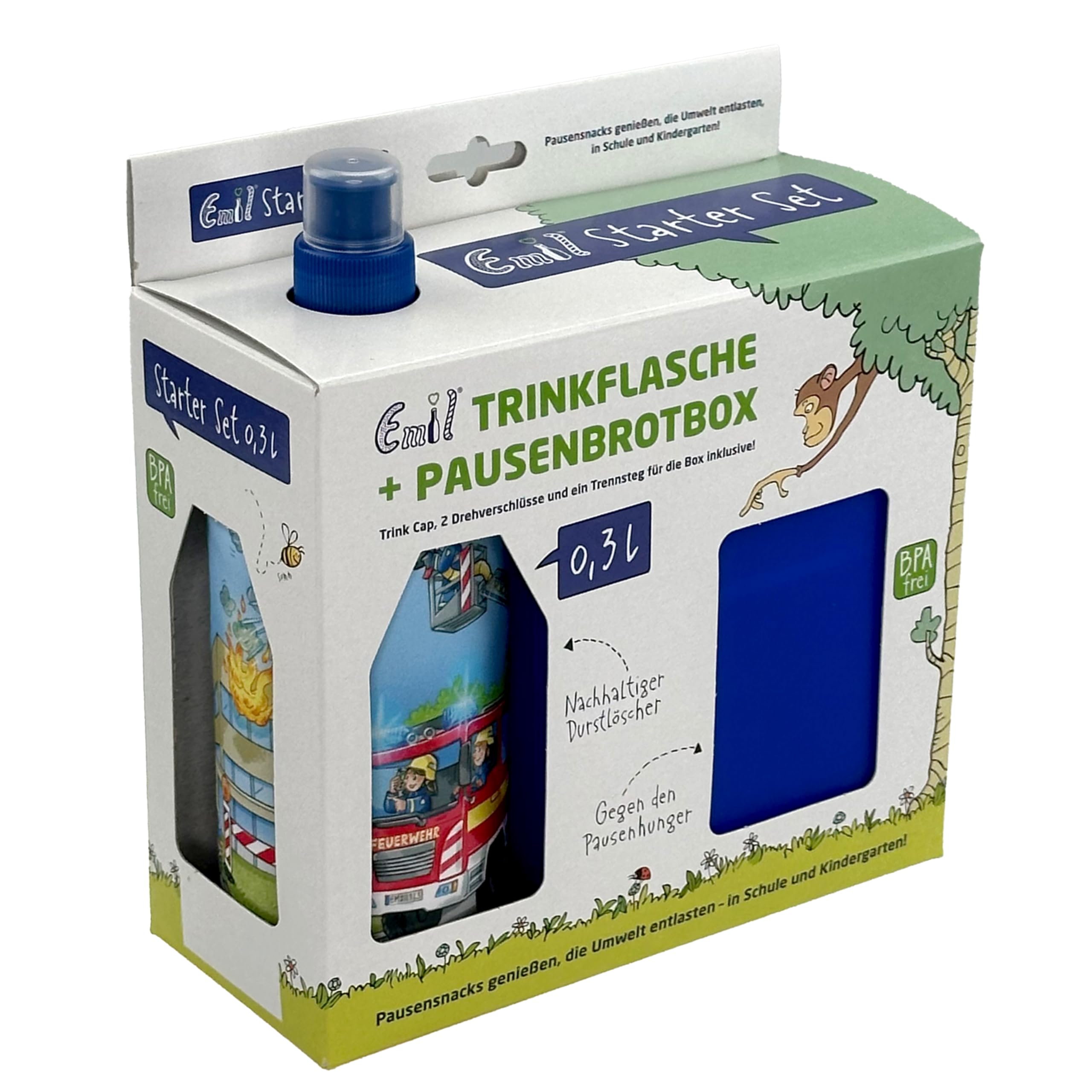 Emil Glas Trinkflasche Starterset 0,3l Einsatz – mit Brotbox & 3 Verschlüsse, isolierte Kinderflasche für Kita, Kindergarten & Schulstart, schadstofffrei
