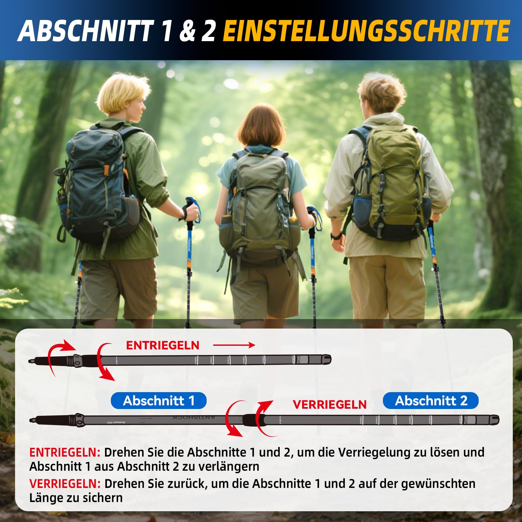 Clostnature Wanderstöcke Teleskop Aluminium - Nordic Walking Stöcke für Damen und Herren, 58-135cm Leichte Trekkingstöcke Ausziehbar für Trekking und Wandern(2 Stück), Verstellbarer Wanderstock
