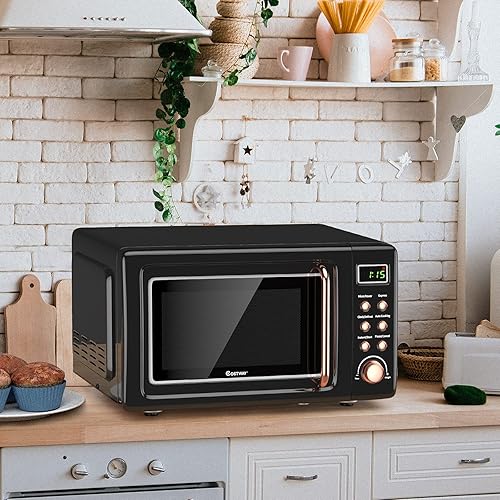 Miniatura 6 de COSTWAY Horno microondas retro para encimera, 0.7 pies cúbicos, 700 vatios, alta eficiencia energética, 5 micro potencia, función de arranque