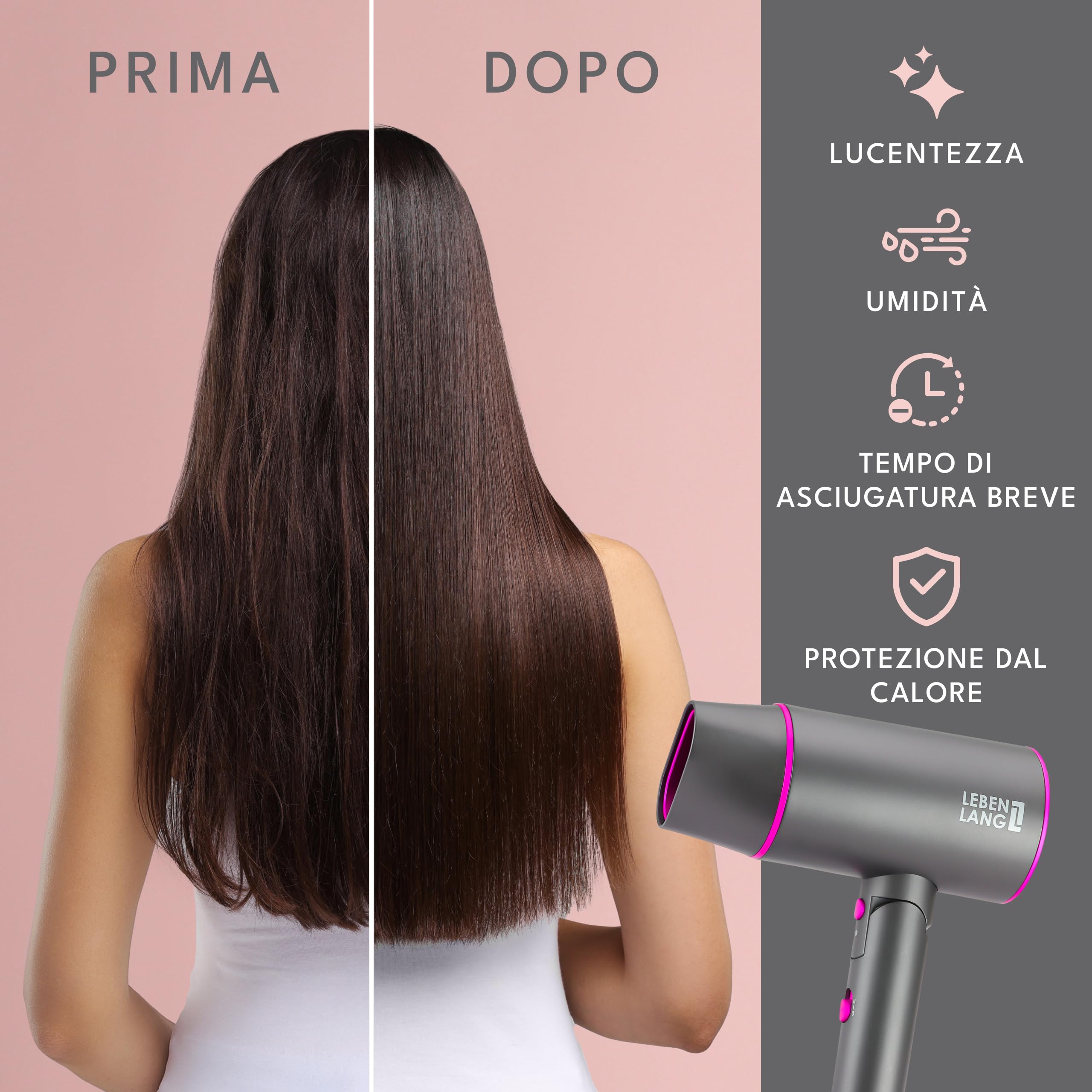 LEBENLANG Asciugacapelli ionico 2100 W – Antiforcelle con modalità aria fredda – Asciugacapelli da viaggio pieghevole piccolo – Asciugacapelli ionico – Asciugacapelli professionale – grigio rosa