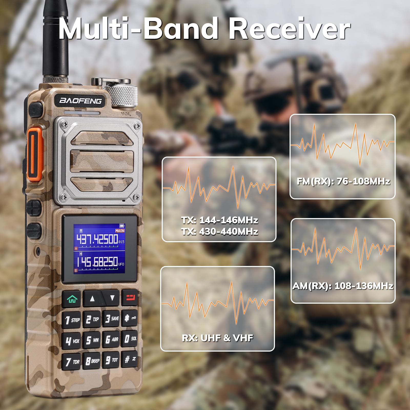 BAOFENG UV-25 Radio Amateur tri-Puissance Portable, Radio Longue portée 10W, récepteur multibande UHF VHF FM Air, Batterie 5200mAh, Charge de Type C, antenne col de Cygne | Batterie 5200 mAh avec type C, récepteur FM Air multibande amateur, antenne col de