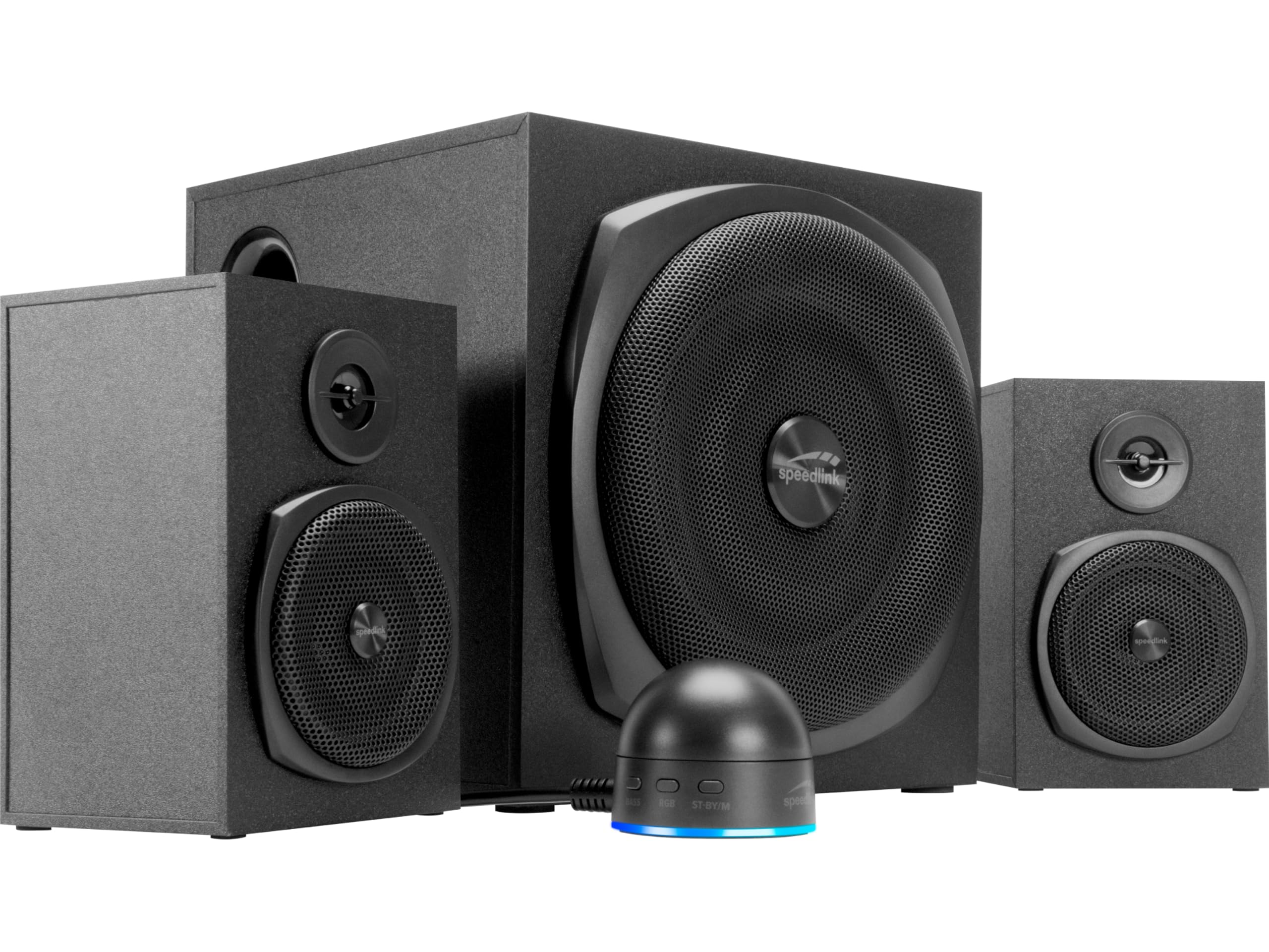 Speedlink GRAVITY LT głośniki komputerowe 2.1 z Bluetooth - z drewnianym subwooferem, aktywny system głośników 80 W, gniazdo AUX 3,5 mm, pilot biurkowy RGB, czarny