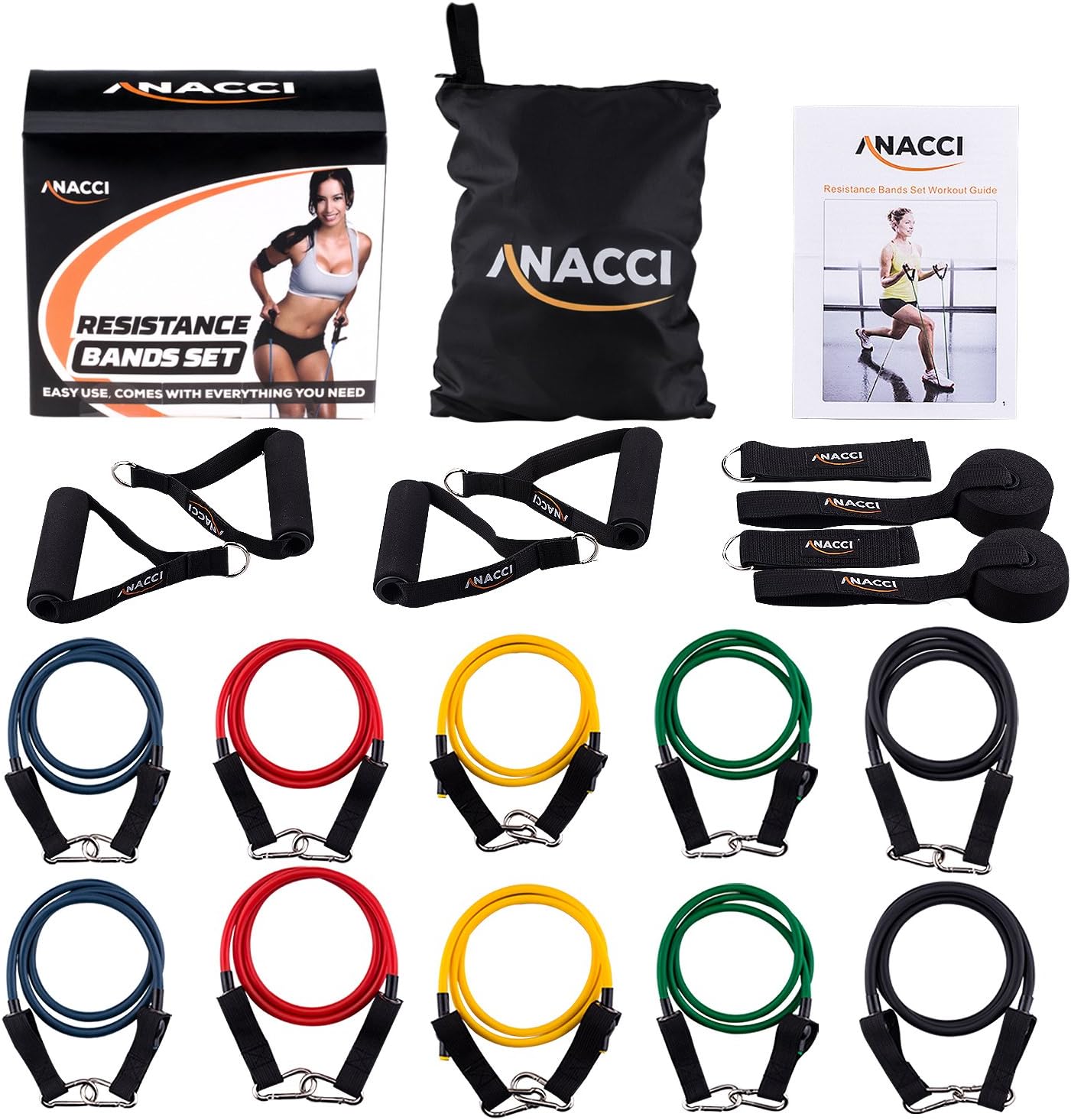 Resistance Bands, Exercise Bands with Door Anchor, Foam Handles, Ankle Straps, Chest Expander, for Workout with Carry Case