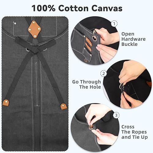 Miniatura 4 de Delantales de chef para hombres y mujeres, delantal ajustable de lona de algodón con espalda cruzada con bolsillos grandes para cocina, jardín,