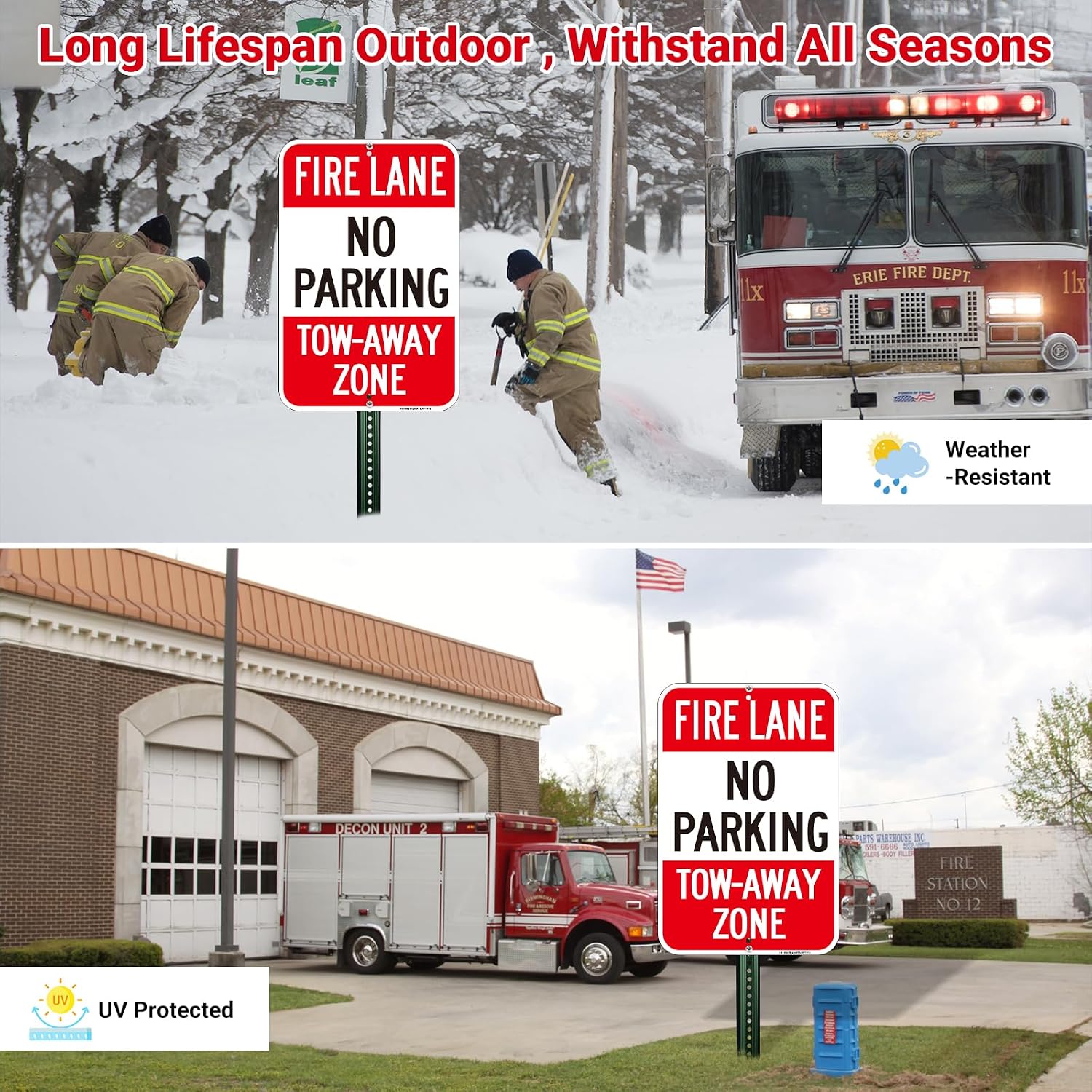 4 Pack Fire Lane No Parking Signs, 18"x12" Fire Lane No Parking Tow-Away Zone Sign, Engineer Grade Rust Free Reflective Aluminum, Fade/Weather Resistant, UV Protected, Made to Last, Easy Installing