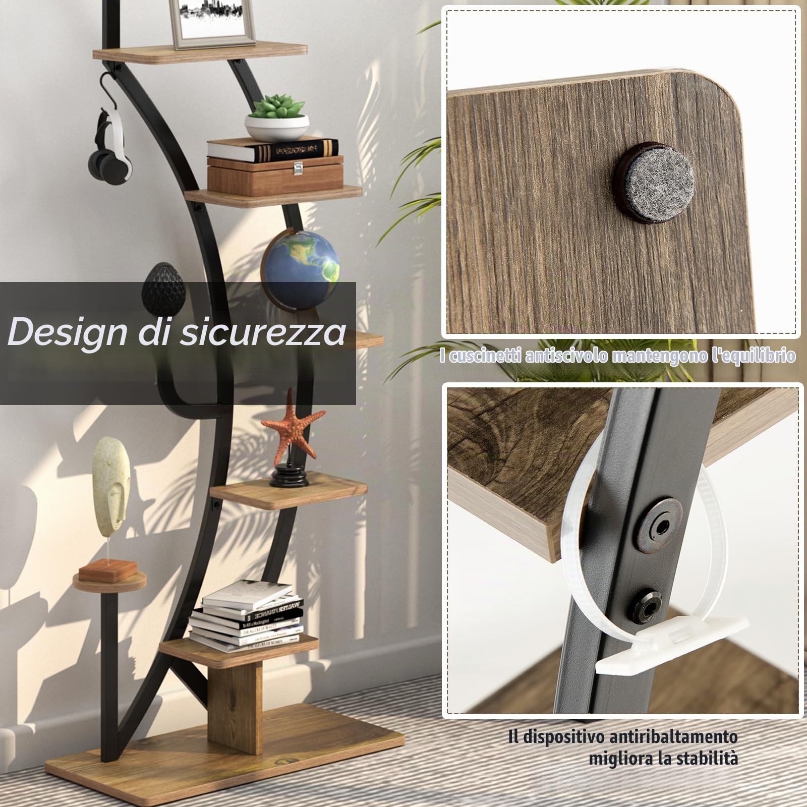 HOMASIS Scaffale Porta Piante a Forma di Mezzaluna, Scaffale per Piante da Interno, Portavasi Elegante da Interni, Espositore per Decorazioni da Balconi, Soggiorni (1, Marrone)