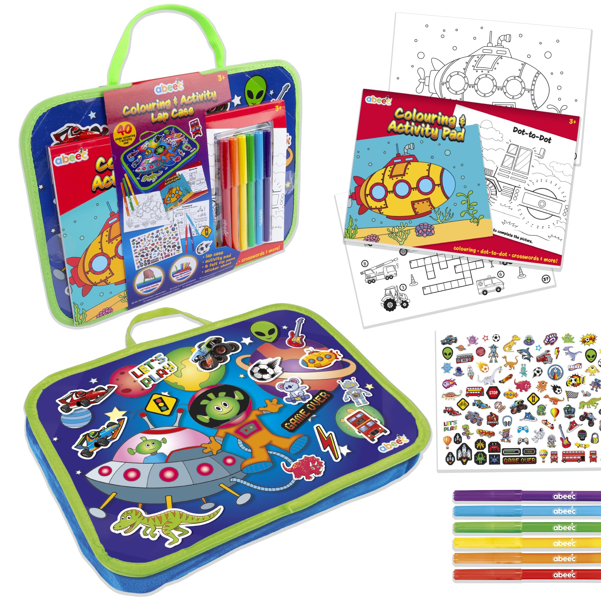 abeec Colouring & Activity Lap Case Blue | Kids Travel Tray with Activity Pad, Sticker Sheet & Pens | Fun Art Case for Boys Aged 38 | Colouring Set for Holidays, Road Trips & Schoolwork
