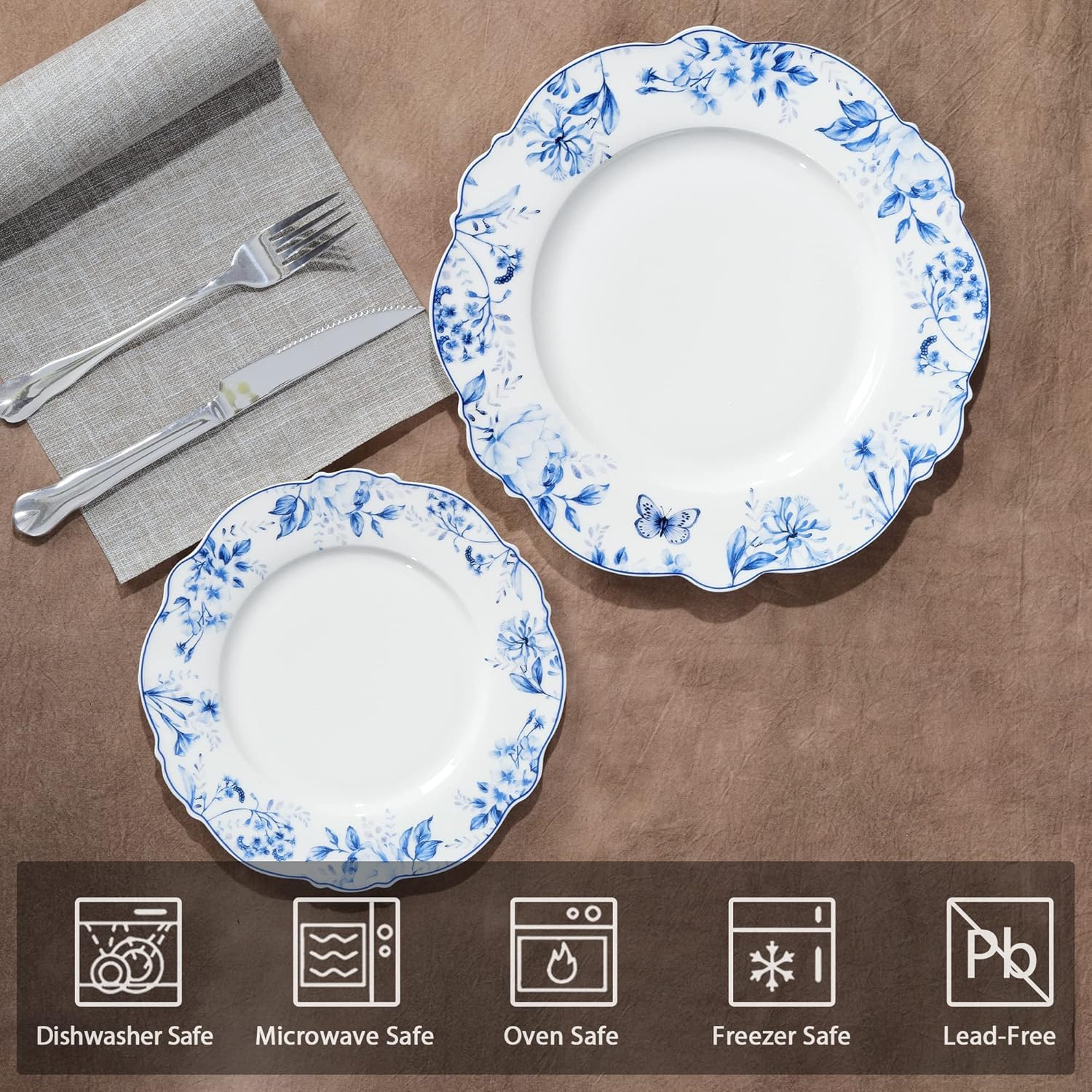 fanquare Set 4 Piatti in Ceramica, Piatto da Pranzo Rotondo in Porcellana con Motivo Floreale Blu, Set di Piatti da Tavola Ø 27 cm Servizio di Piatti da Pranzo