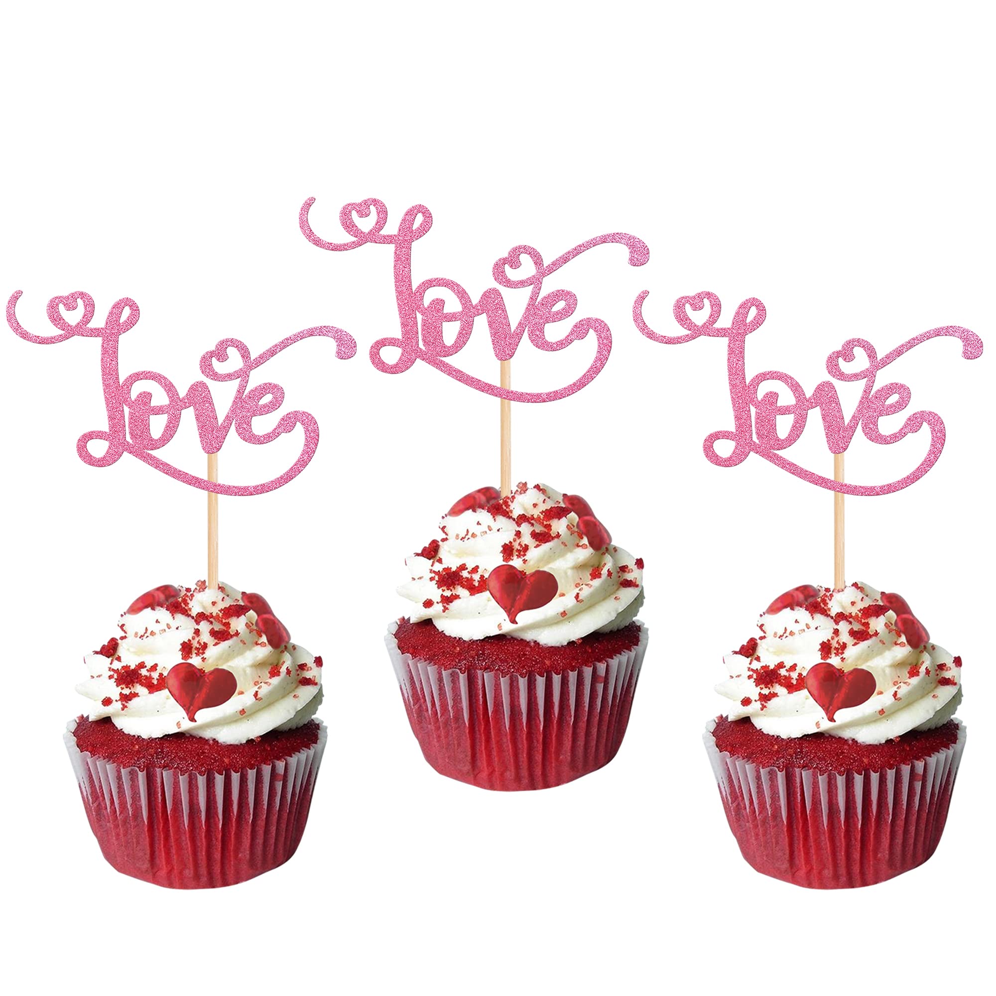 Valentinstag Cupcake-Topper - 30 Stück Mit Herz & Liebesmotive Für Kuchen-Deko | Glitzernd, Gold, Einseitig Bedruckt
