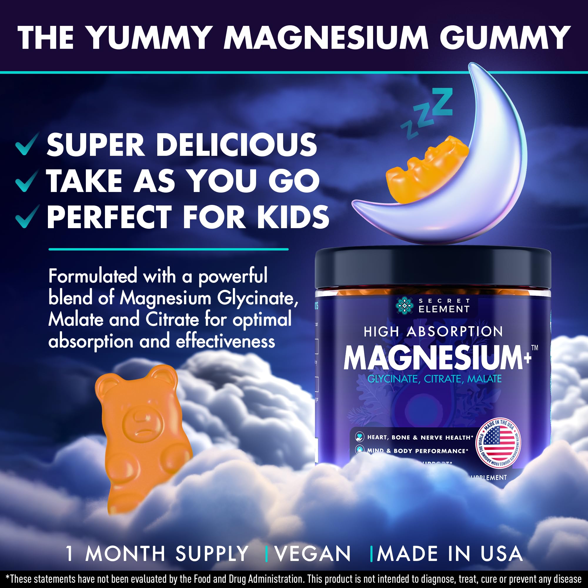 Secret Element Magnesium Glycinate Gummies, Malate, Citrate, Orange, 60 Ct — Amazon image 2