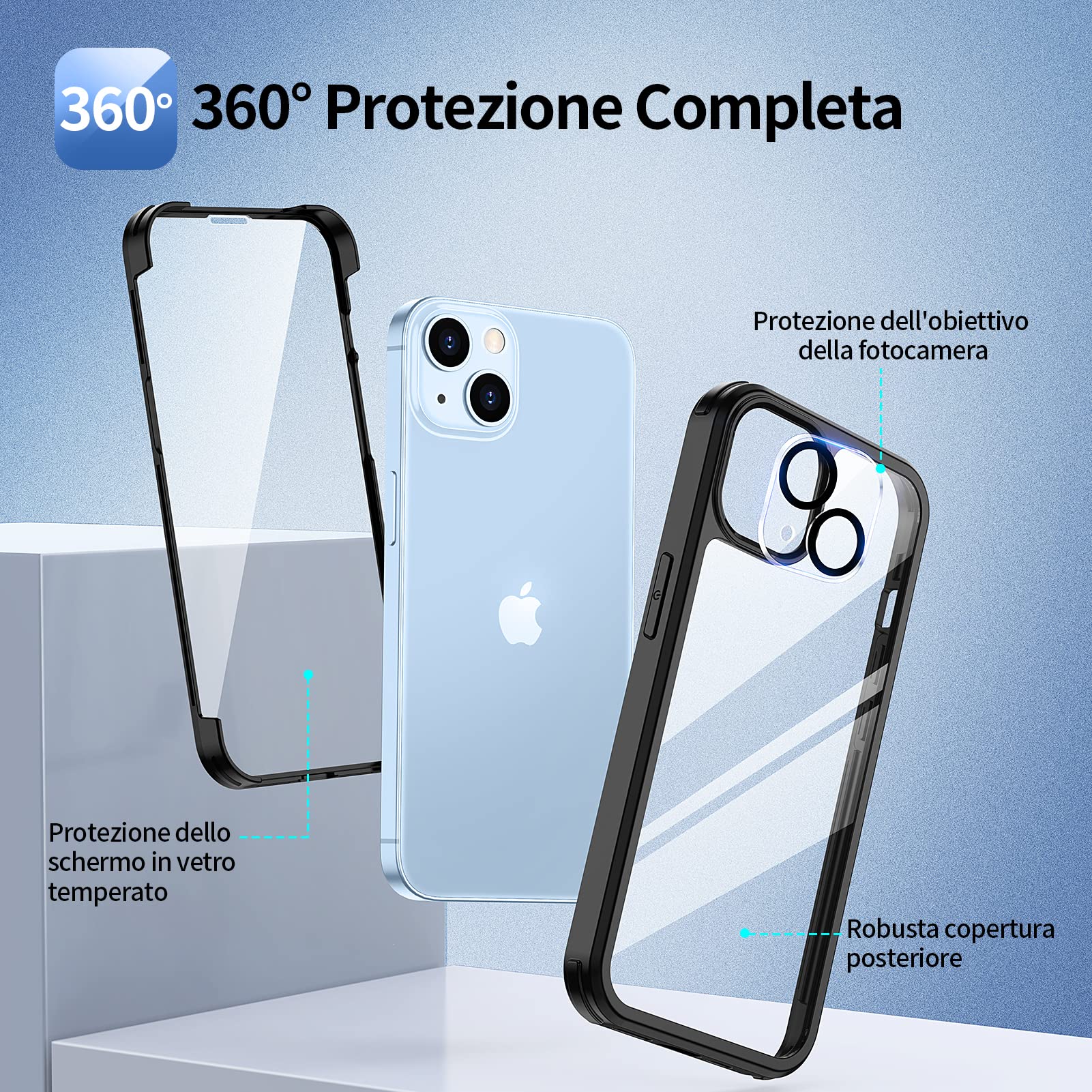 seacosmo Cover per iPhone 14, [9H HD] Integrata Vetro Temperato Schermo e Pellicola Fotocamera 360 Gradi Antiurto Custodia, Rugged Protezione Slim Case per iPhone 14, Nero