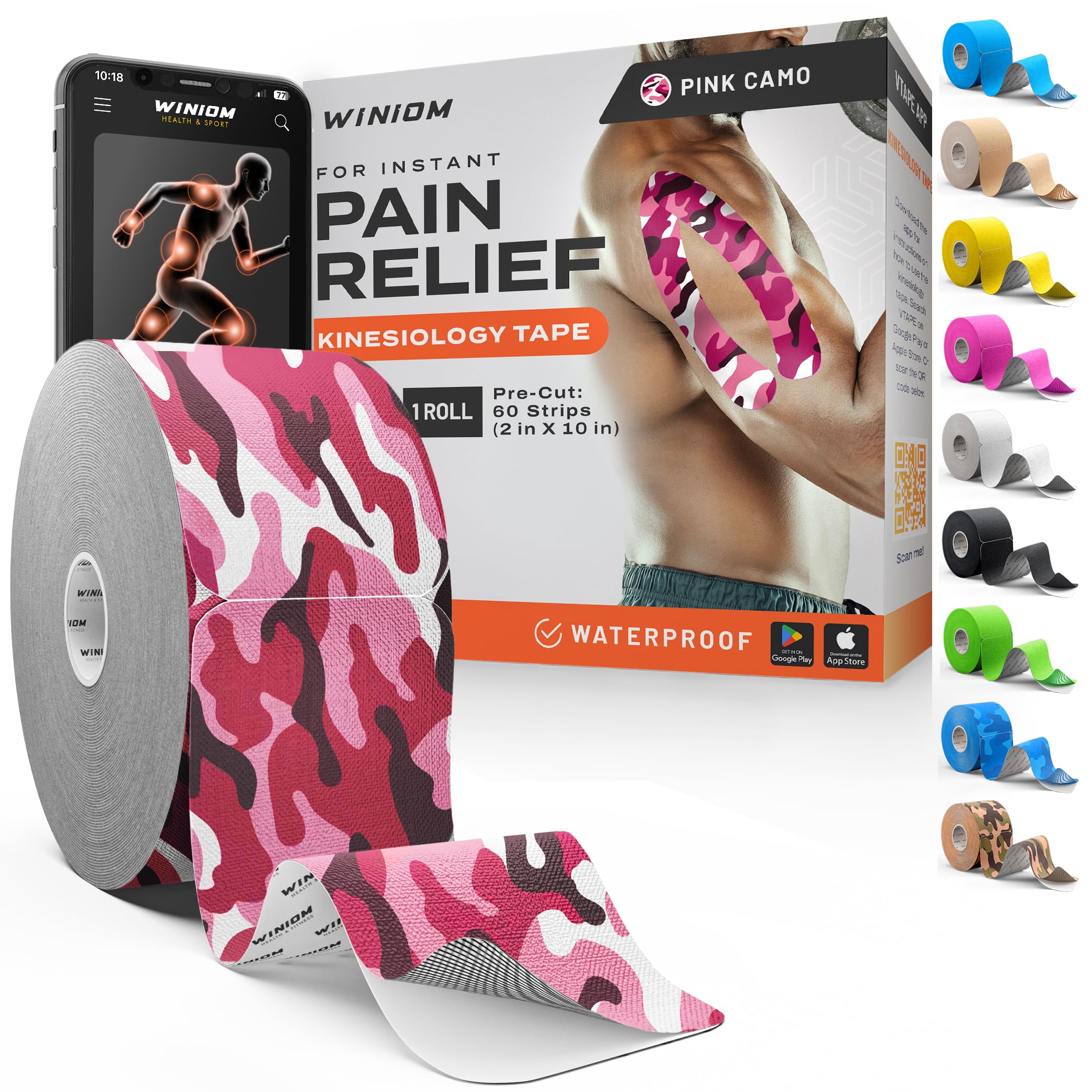 Kinesiology Tape - Waterproof Athletic Sports Tape for Knee, Shoulder, Arm &amp; Back Support | 3-5 Day Adhesion, Hypoallergenic &amp; Latex-Free + Taping Guide (Precut, 2"x50ft Roll, Wild Pink Camo)
