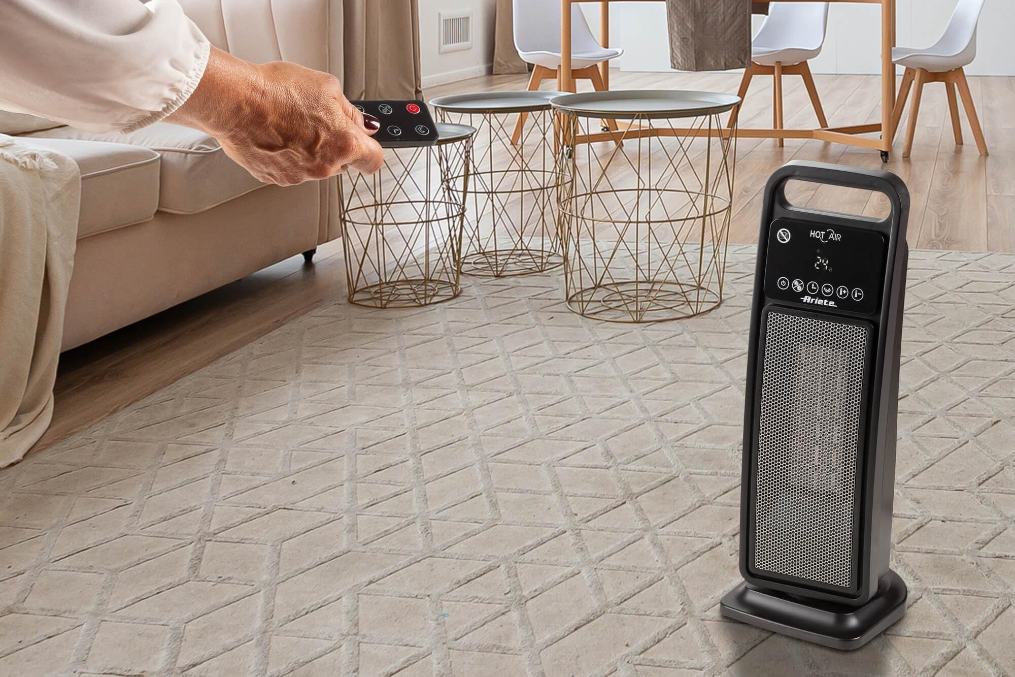 Ariete 8212 Stufa elettrica a torre, 2000W, Funzione ventilazione, Funzione oscillazione, Timer fino a 8 ore, Led display, Tecnologia ceramica, Basso consumo energetico, Nero