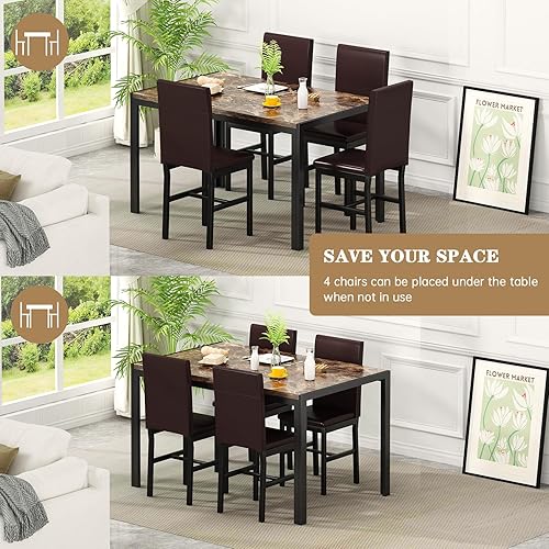 Miniatura 4 de Recaceik Juego de mesa de comedor para 4 mesas y sillas de cocina, mesa de comedor de mármol sintético con 4 juegos de cuero sintético para comedor,