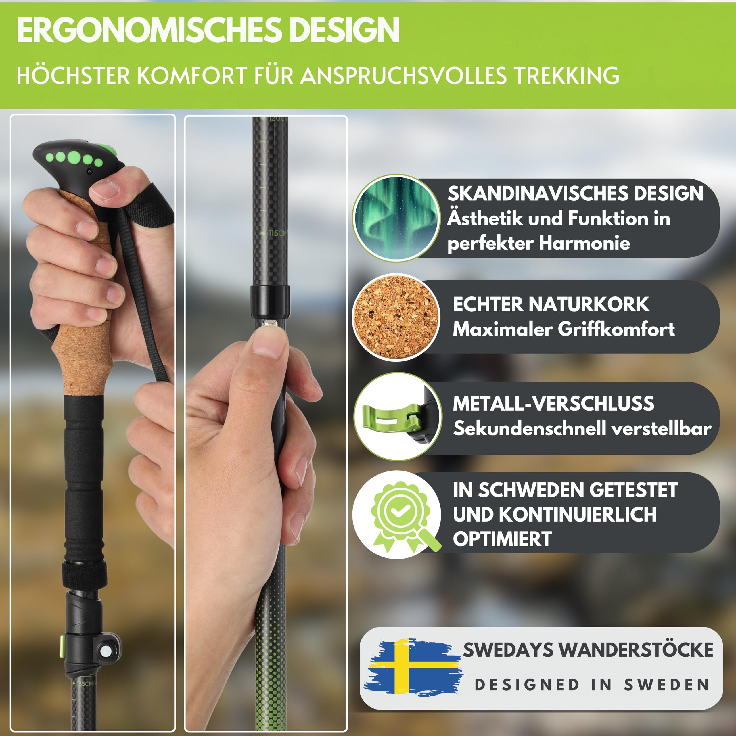 Wanderstöcke Faltbar Carbon Aluminium Korkgriff für Damen & Herren | Leicht Nordic Walking & Trekkingstöcke für Wandern, Bergsport, Skitouren. Kompakt & Faltbare 35cm