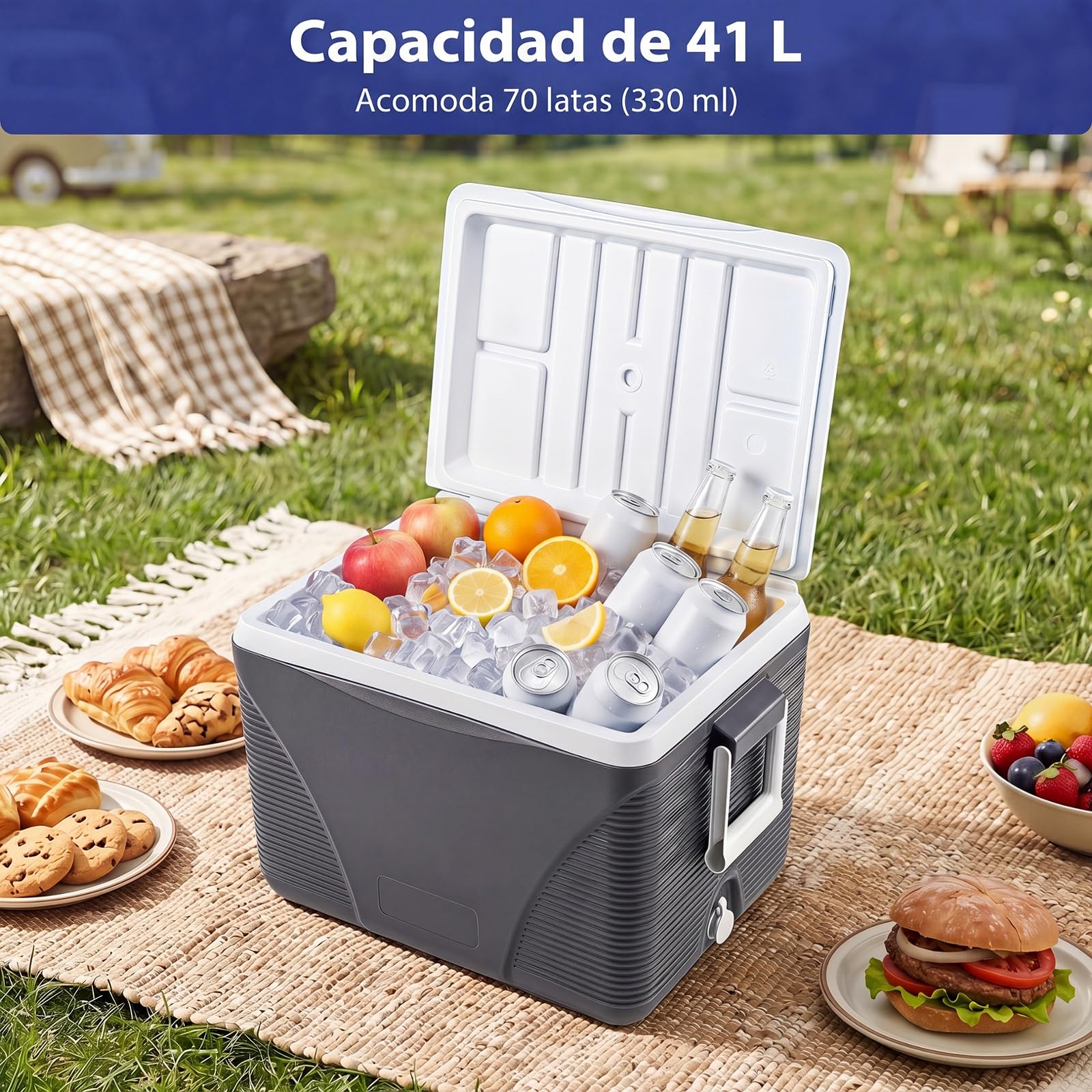 COSTWAY Nevera Portátil de 41 L, Nevera Camping Rígida con Asas Laterales y 4 Portavasos, Refrigerador Portátil Grande con Interior de PP, Relleno de Espuma PU para Acampadas Pesca Picnic