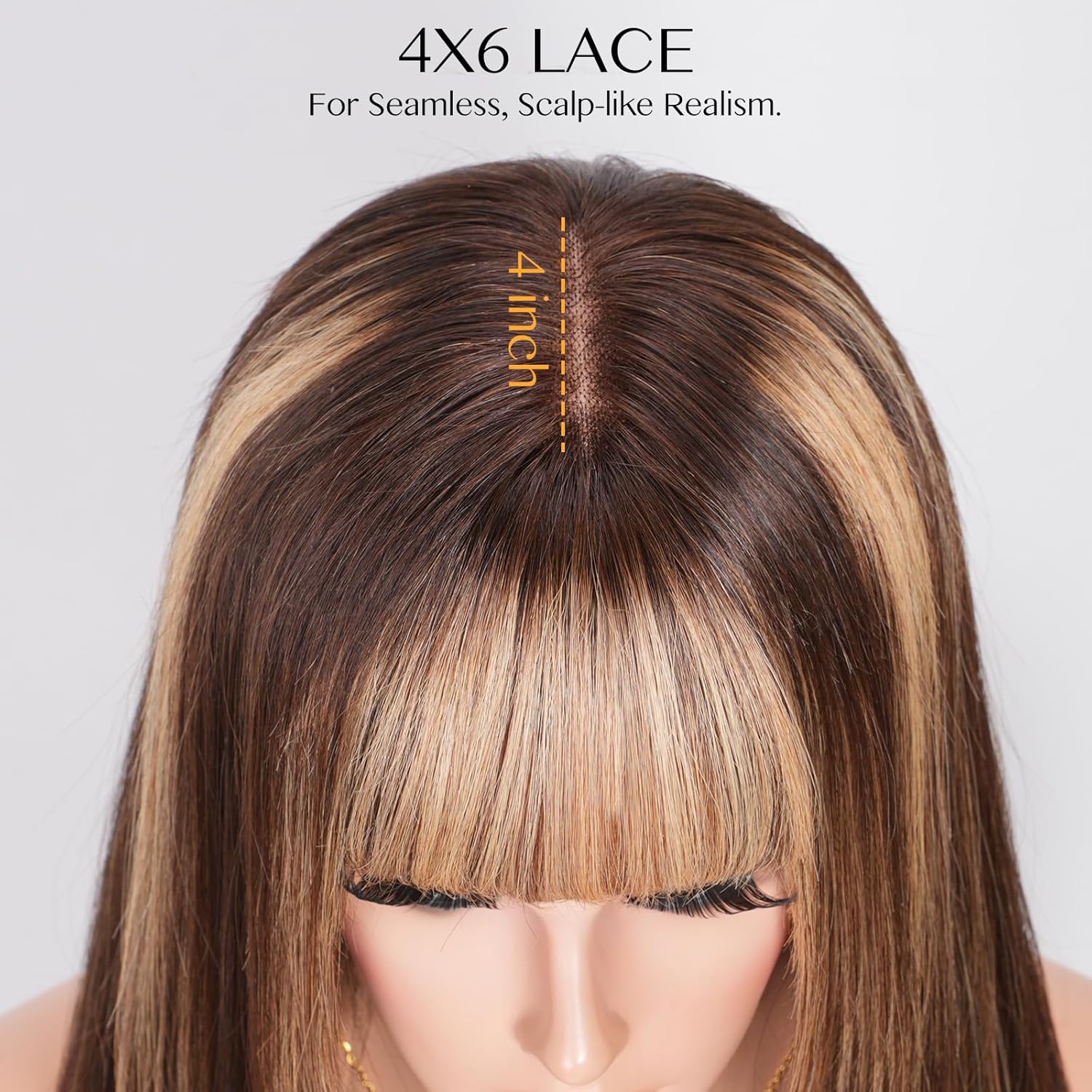 6x4 Lace Ombre Brown Mixed Blonde Bob Real Human Hair Wig with Bangs for White Women Straight Layered Lace Front Closure Curtain Bangs 2/27 Wear and Go Glueless 100% Human Hair Wigs 16 Inch
