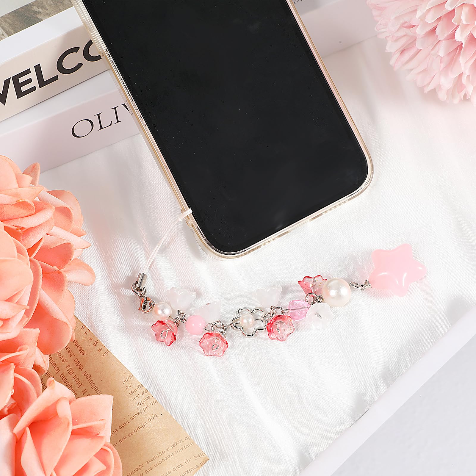 Mabor Pendentif téléphone portable rose fleurs étoiles Y2K dragonne porte-clés