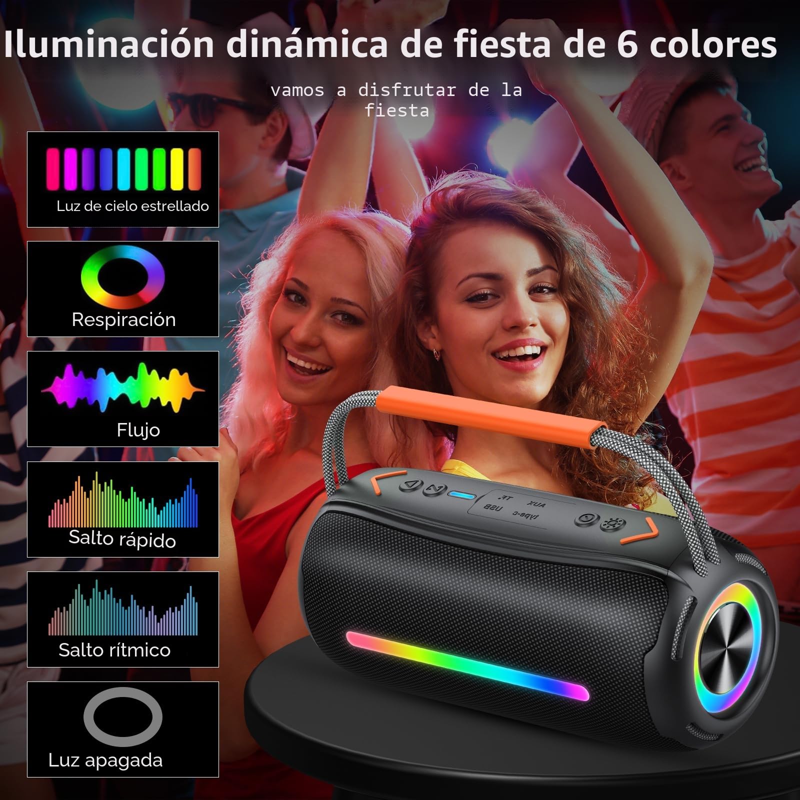 aowoka Altavoz Bluetooth Portátil 40W con Asa, Altavoz Potente con Subwoofer Doble, Bluetooth Speaker Impermeable IPX7, con Luz RGB, TWS/AUX/TF - Ideal para Fiestas, Viajes y Exteriores