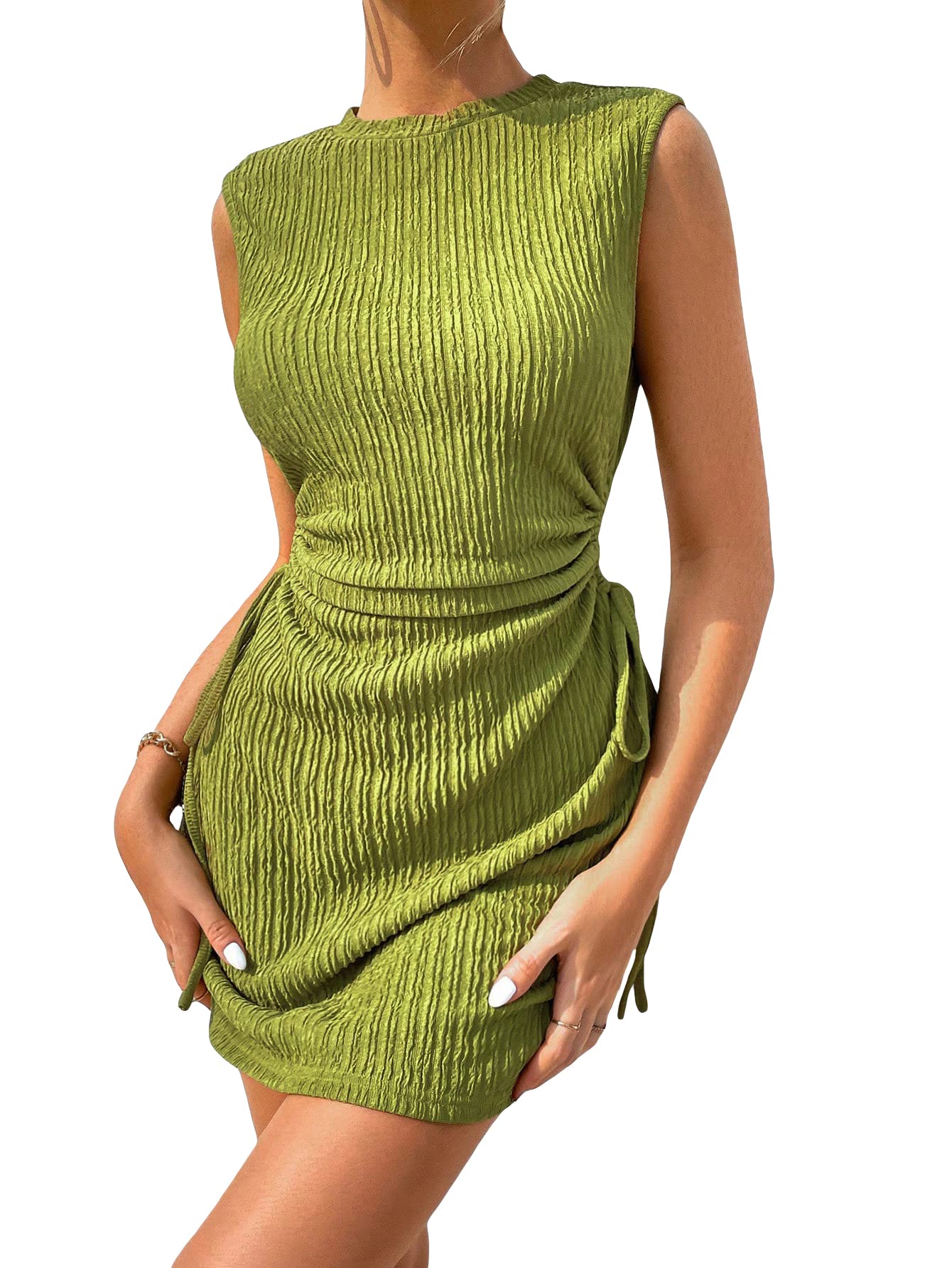 GORGLITTER Women's Cut Out Mini Dress Drawstring Ruched Sleeveless Textured Tank Dresses