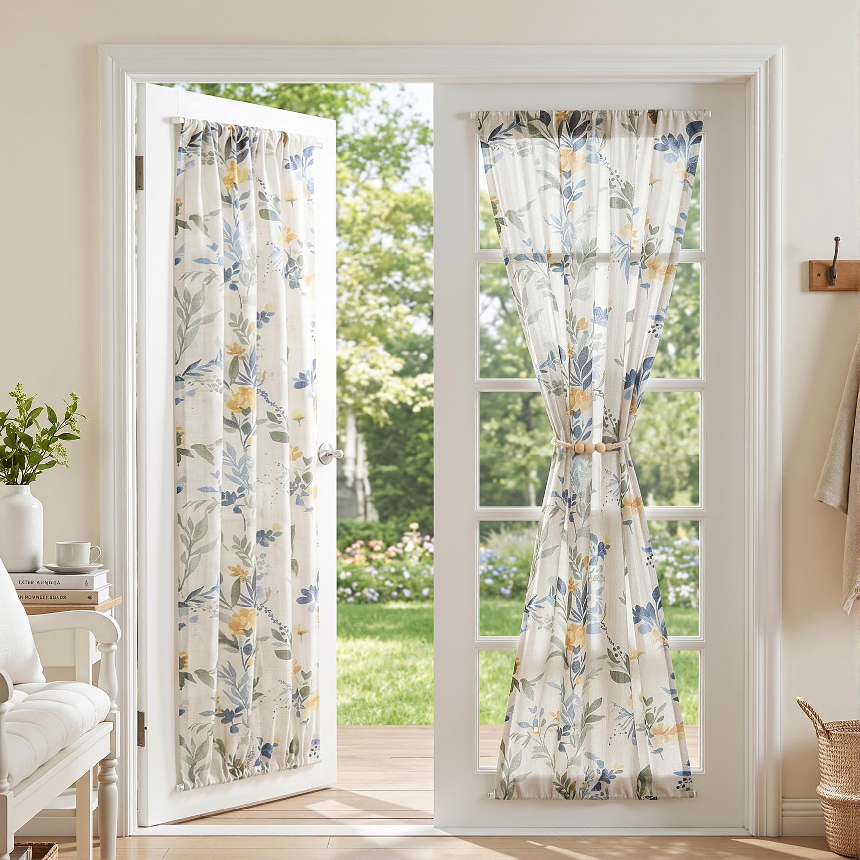 MYSKY HOME Floral Linen Door Curtains Blue Farmhouse Semi Sheer 2 Panels