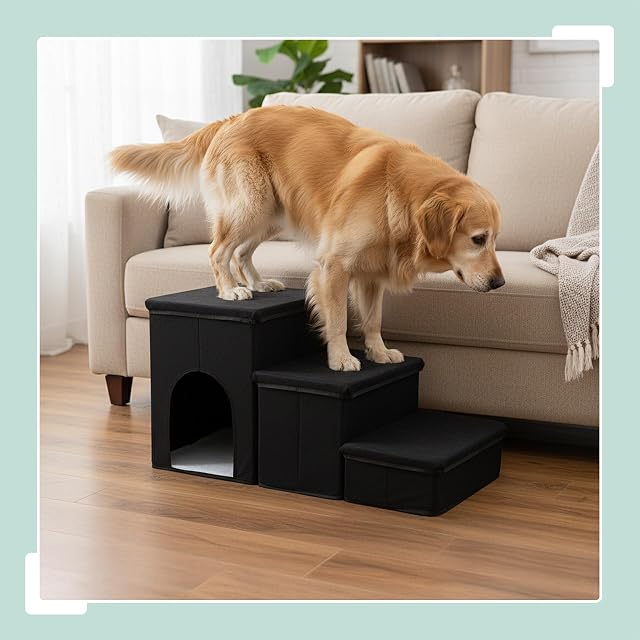 Foto 3 de 8 de Relaxdays Escalera para Perros Plegable, 3 peldaños, Cueva y Almacenamiento, 43x75x33 cm, Negro