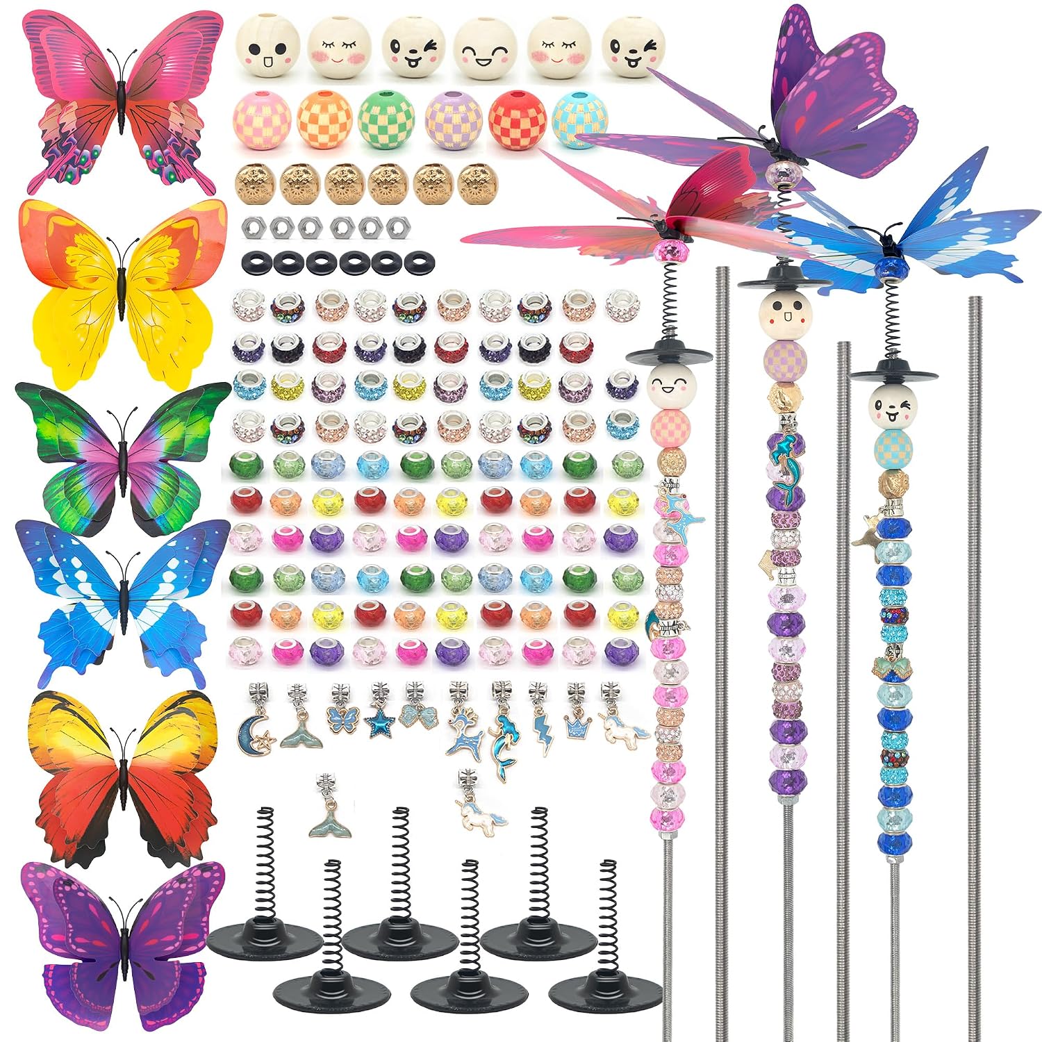 156 Pcs Butterfly Garden Stakes Kit 3D DIY Craft Set with Stainless Steel Rods, Double-Layered Wings & Character Beads for Garden Decoration and Creative Family Bonding Activity