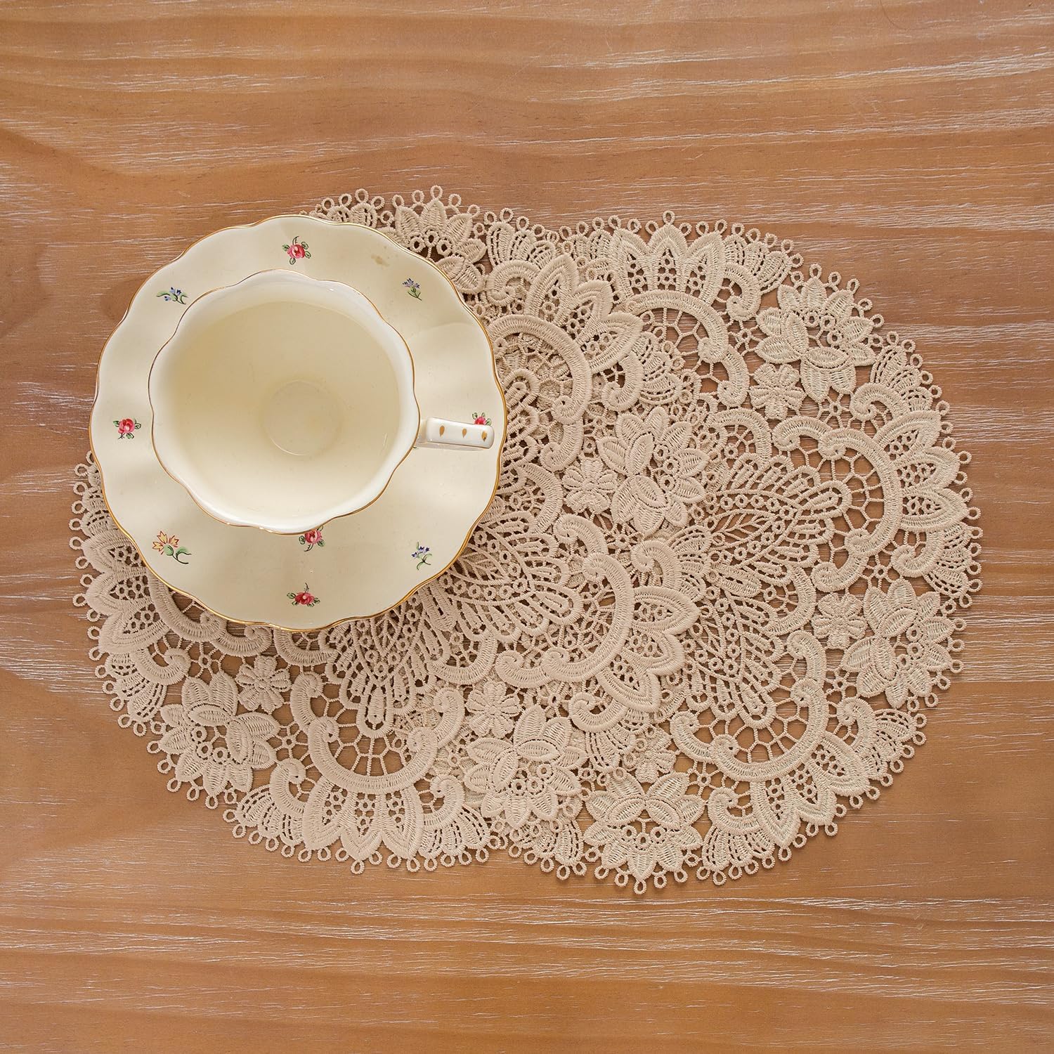 2Pack Round Lace Placemats for Dining Table,11 inch Diameter Delicate Floret Embroidered Lace Doilies vase mat for Christmas Daily Use, Washabl (Light Brown 11")