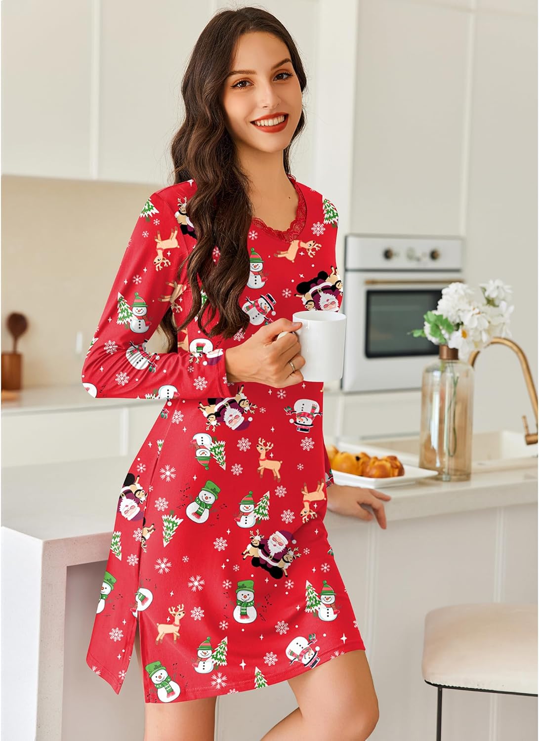 Ekouaer Long Sleeve Nightgowns for Women Sexy Lace Night Shirt V Neck Sleep Shirt Soft Sleepwear - Image 5