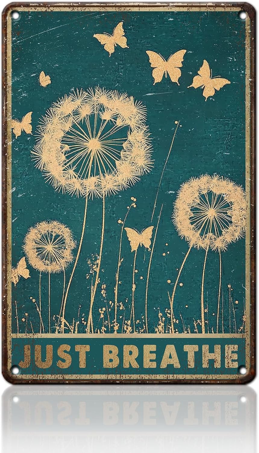SMAZDFXX Just Breathe Vintage Tin Sign Dandelion and Butterflies Metal Signs for Home Office Living Room Bar Coffee Shop Accessories Poster 12"x16"