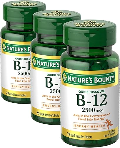 Nature's Bounty Vitamin B12 2500 mcg, Cellular Energy Support, for Energy Metabolism, Heart & Nervous System Health, 75 Quick Dissolve Tablets (Pack of 3)