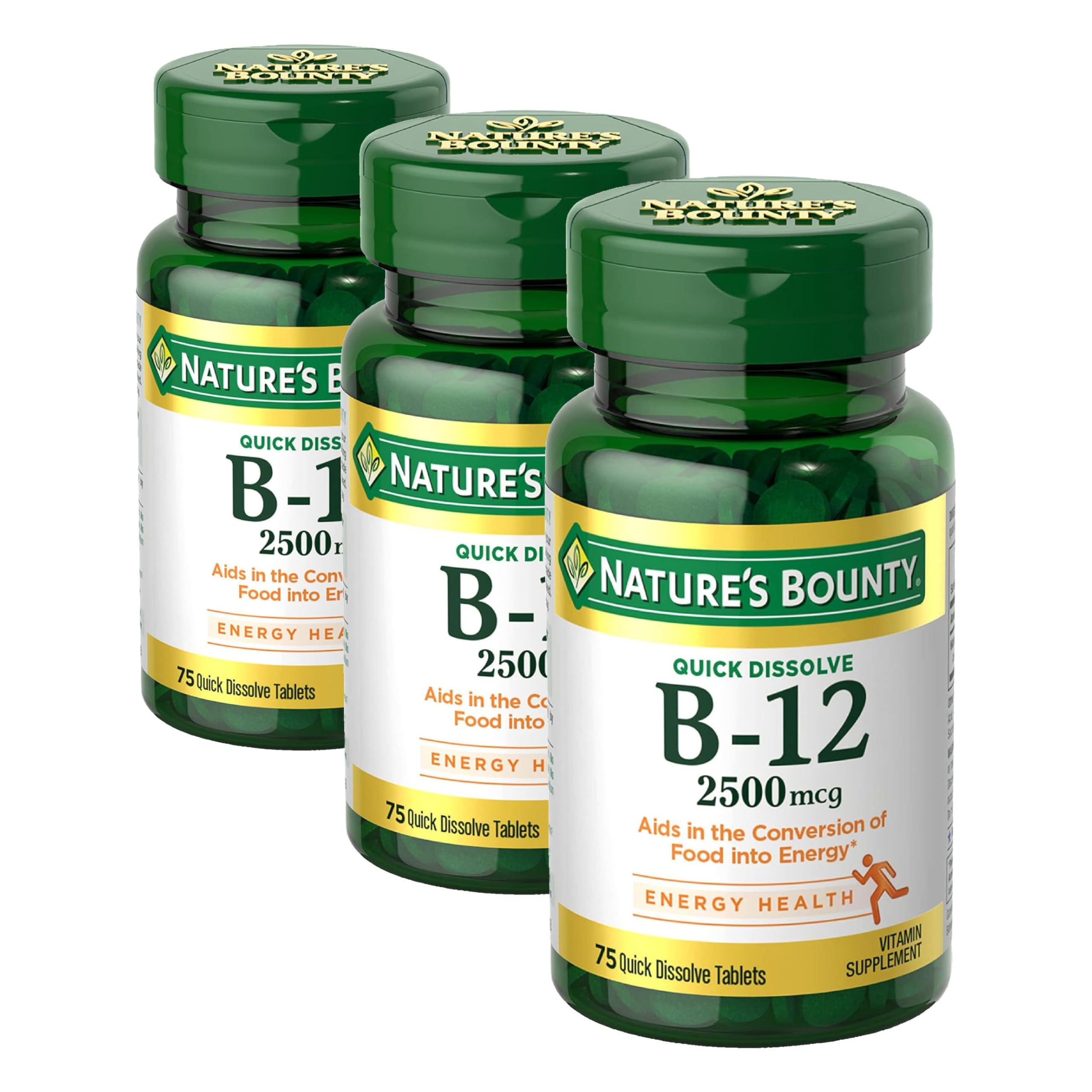 Nature's Bounty Vitamin B12 2500 mcg, Cellular Energy Support, for Energy Metabolism, Heart & Nervous System Health, 75 Quick Dissolve Tablets (Pack of 3) Cherry 75 Count (Pack of 3)