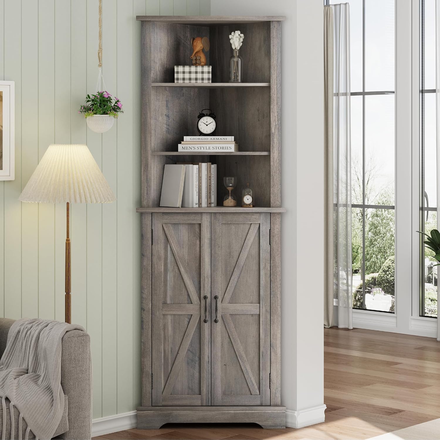 Smuxee Tall Corner Storage Cabinet, Farmhouse Corner Cabinet with Barn ...