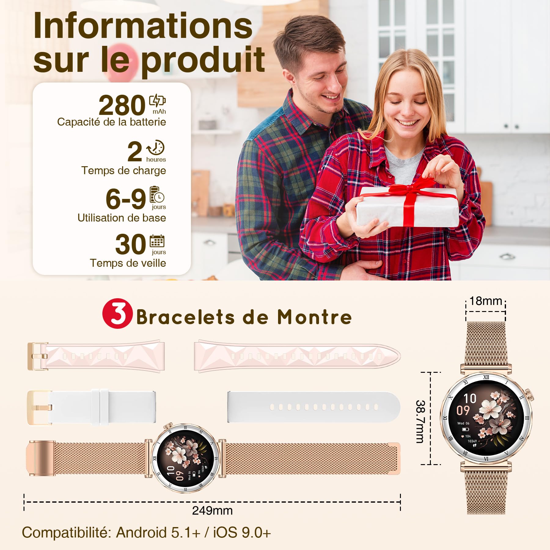 Montre Connectée Femme (3 Bracelets) 1,19" AMOLED Tendance Fitness Podomètre Smartwatch pour Android IOS avec Appel Bluetooth, Fonction Féminine/Cardio/Sommeil, 120+ Modes Sport Étanche IP68, Or Rose